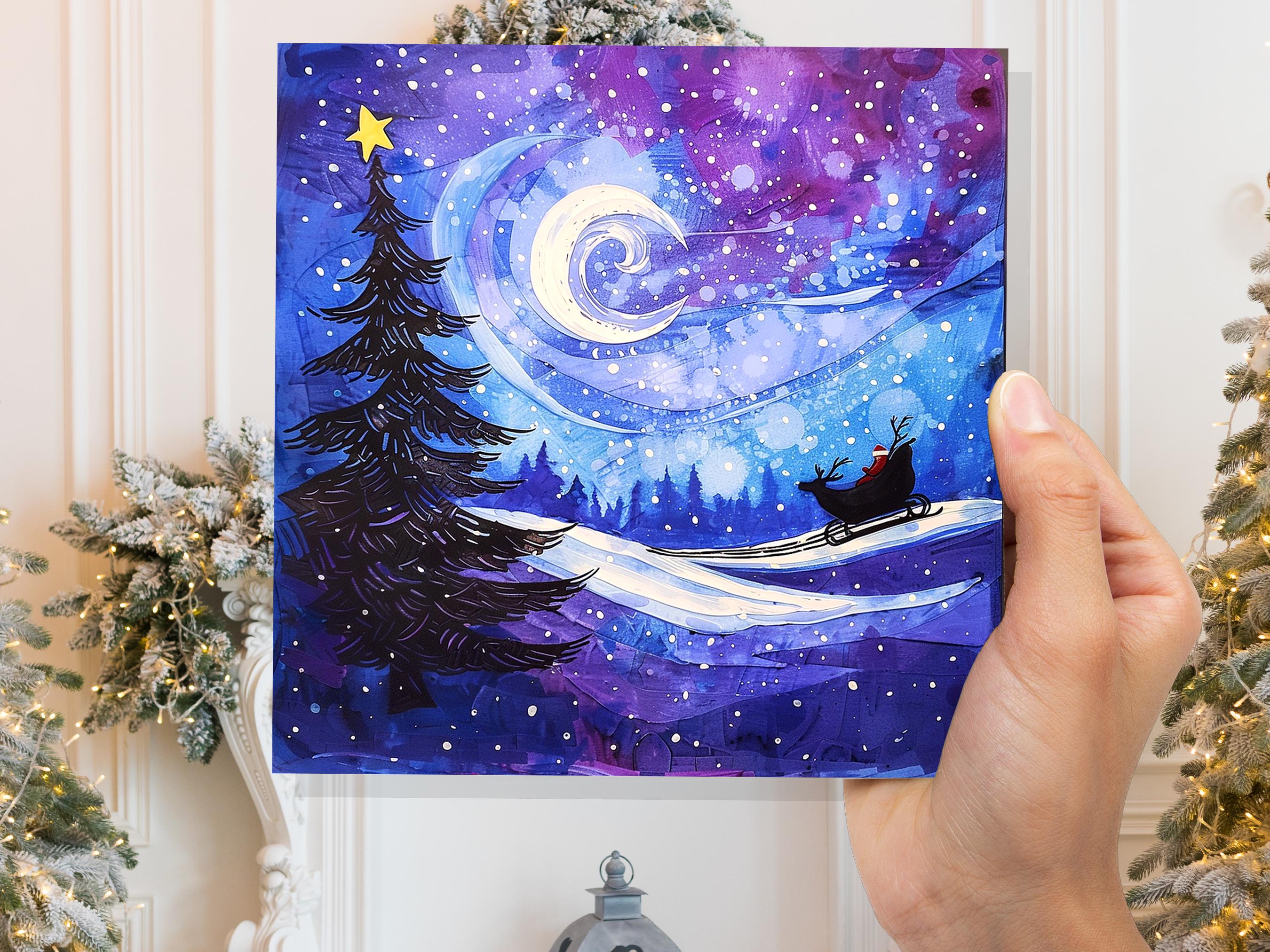 Purple Winter Night Snow Scene Greeting Card with Santa's Sleigh Starry Sky Christmas Tree Crescent Moon Family Friends New for Xmas 2024 - View 5