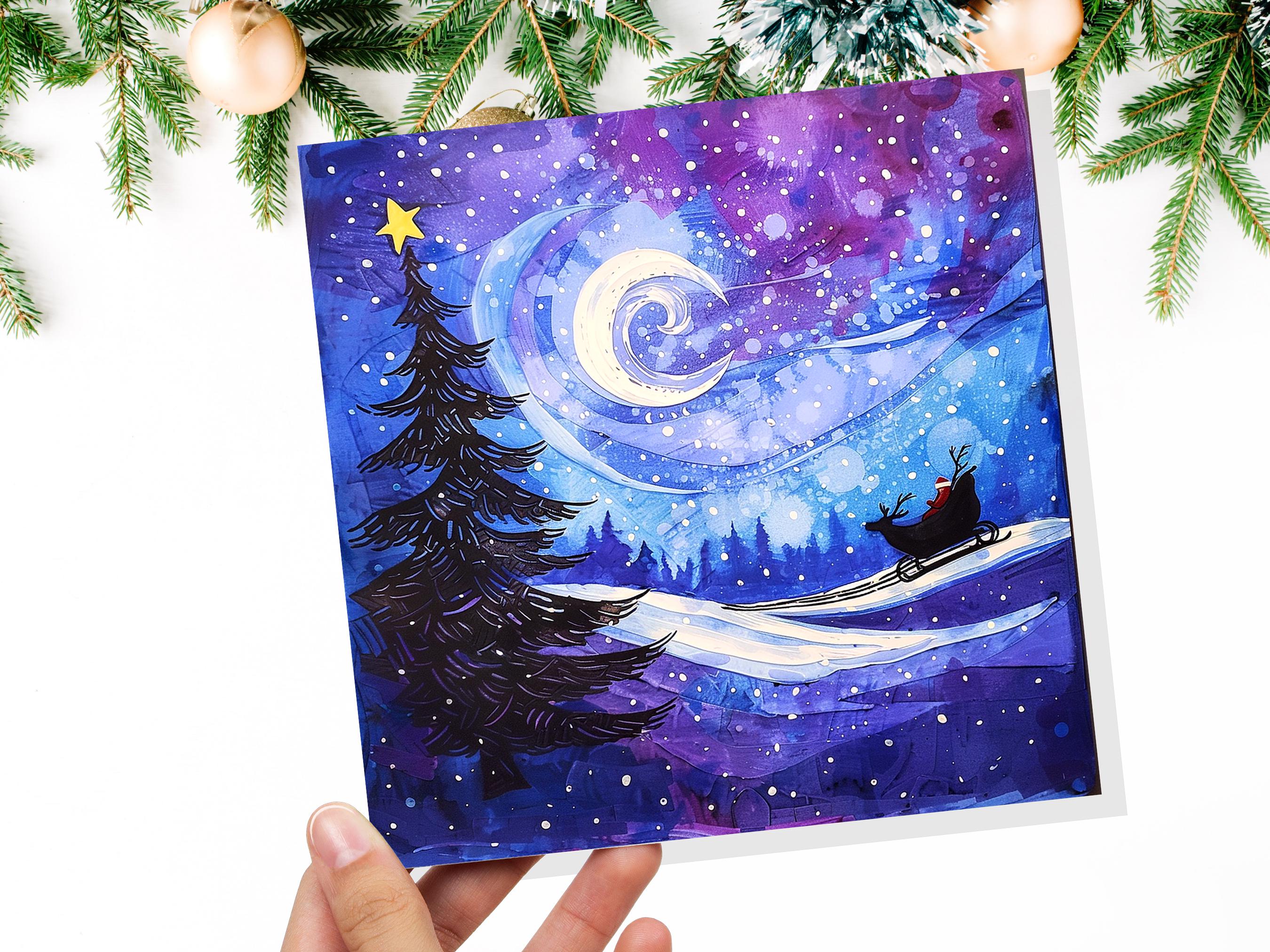 Purple Winter Night Snow Scene Greeting Card with Santa's Sleigh Starry Sky Christmas Tree Crescent Moon Family Friends New for Xmas 2024 - View 6