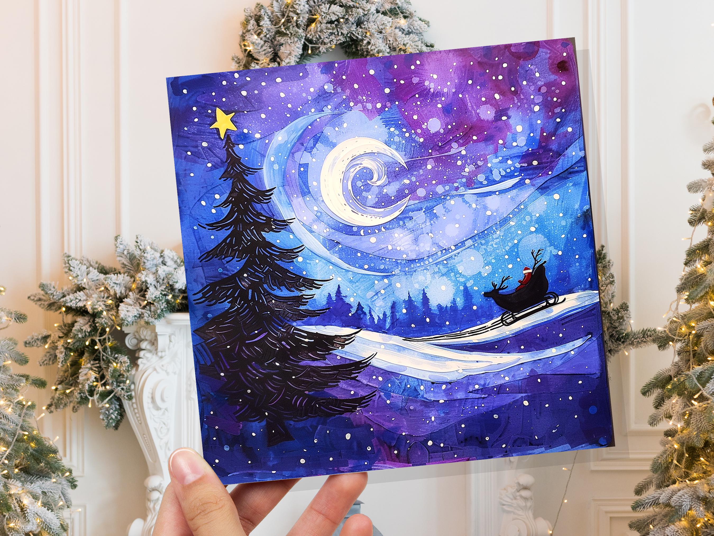 Purple Winter Night Snow Scene Greeting Card with Santa's Sleigh Starry Sky Christmas Tree Crescent Moon Family Friends New for Xmas 2024 - View 7