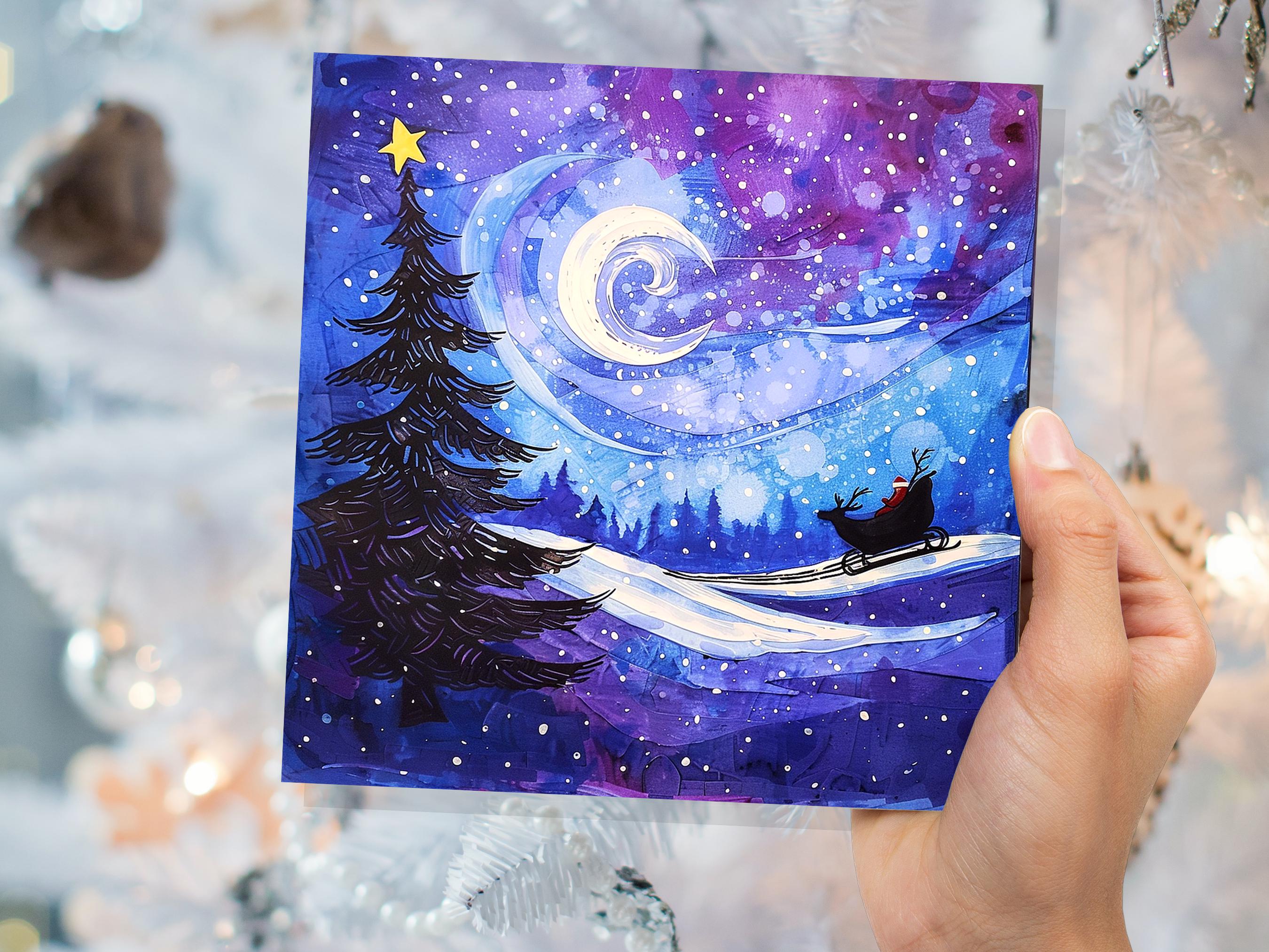 Purple Winter Night Snow Scene Greeting Card with Santa's Sleigh Starry Sky Christmas Tree Crescent Moon Family Friends New for Xmas 2024 - View 8