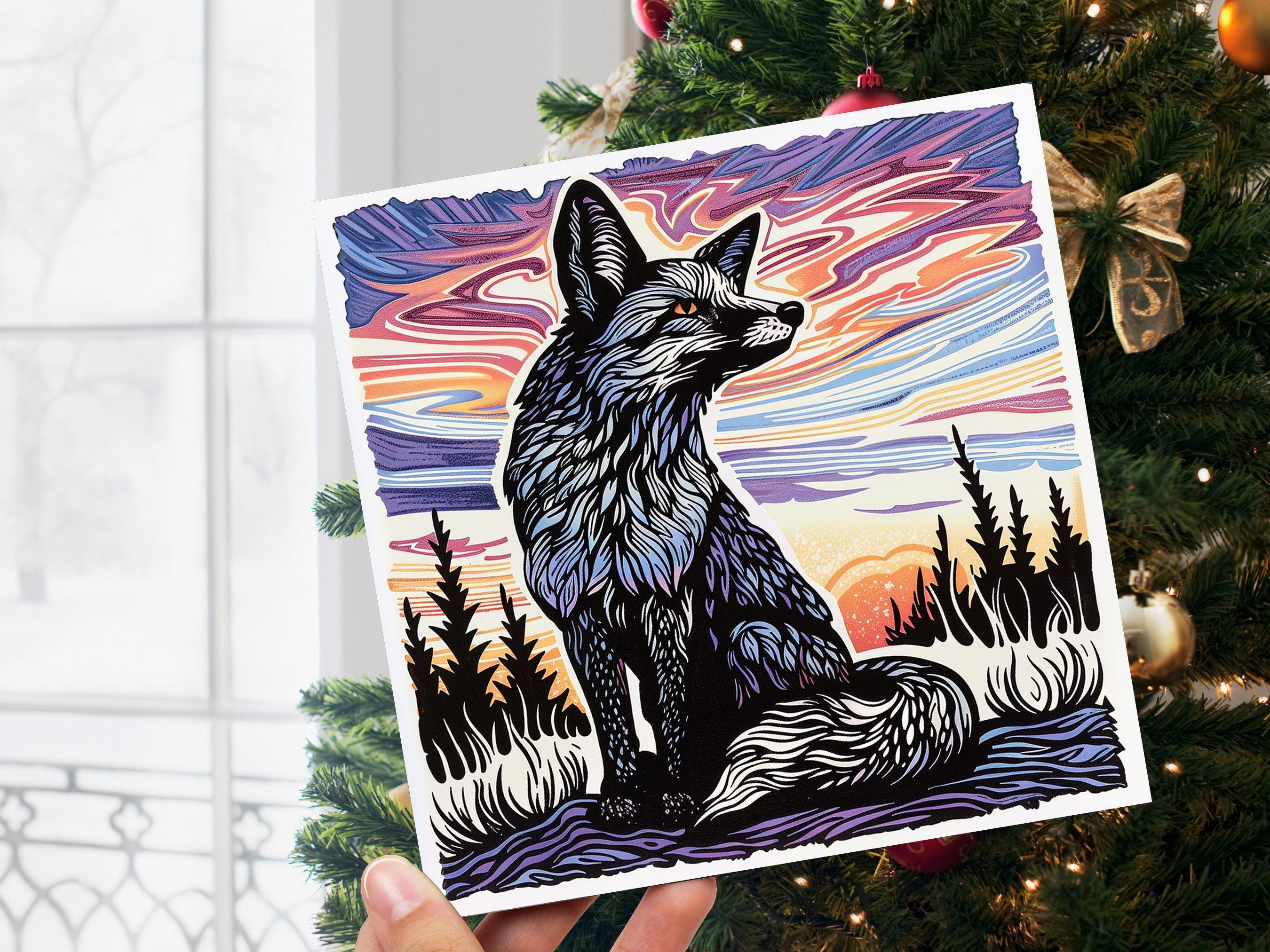 Linocut Fox Christmas Card Unique Winter Sunset Sunrise Wildlife Art Magical Countryside Snowy Trees Scene Print Style Holiday Greeting 2024 - View 7