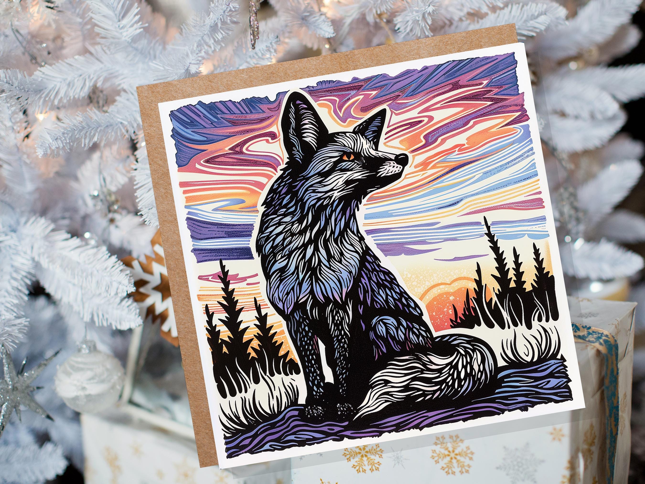 Linocut Fox Christmas Card Unique Winter Sunset Sunrise Wildlife Art Magical Countryside Snowy Trees Scene Print Style Holiday Greeting 2024 - View 3