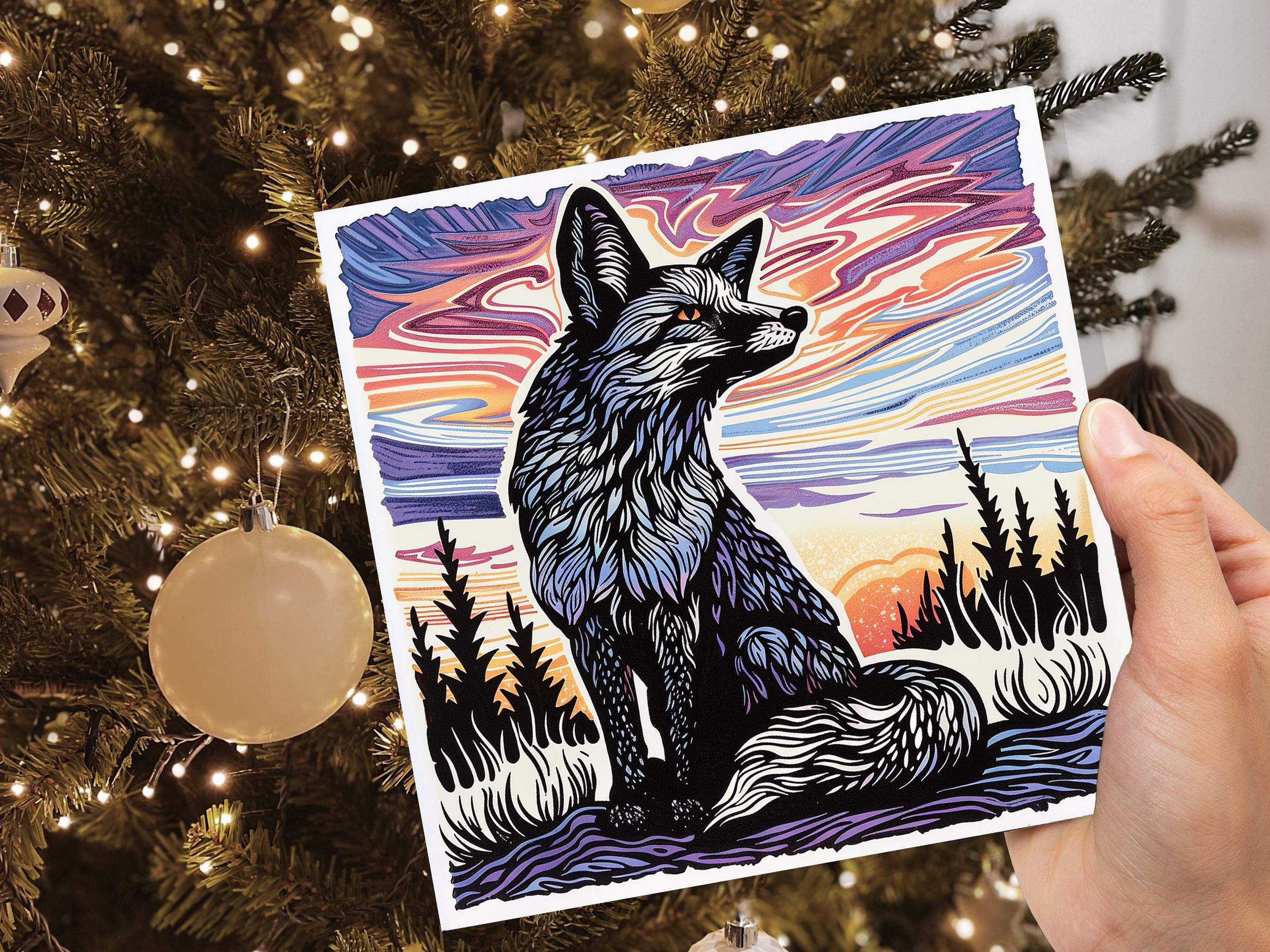 Linocut Fox Christmas Card Unique Winter Sunset Sunrise Wildlife Art Magical Countryside Snowy Trees Scene Print Style Holiday Greeting 2024 - View 9