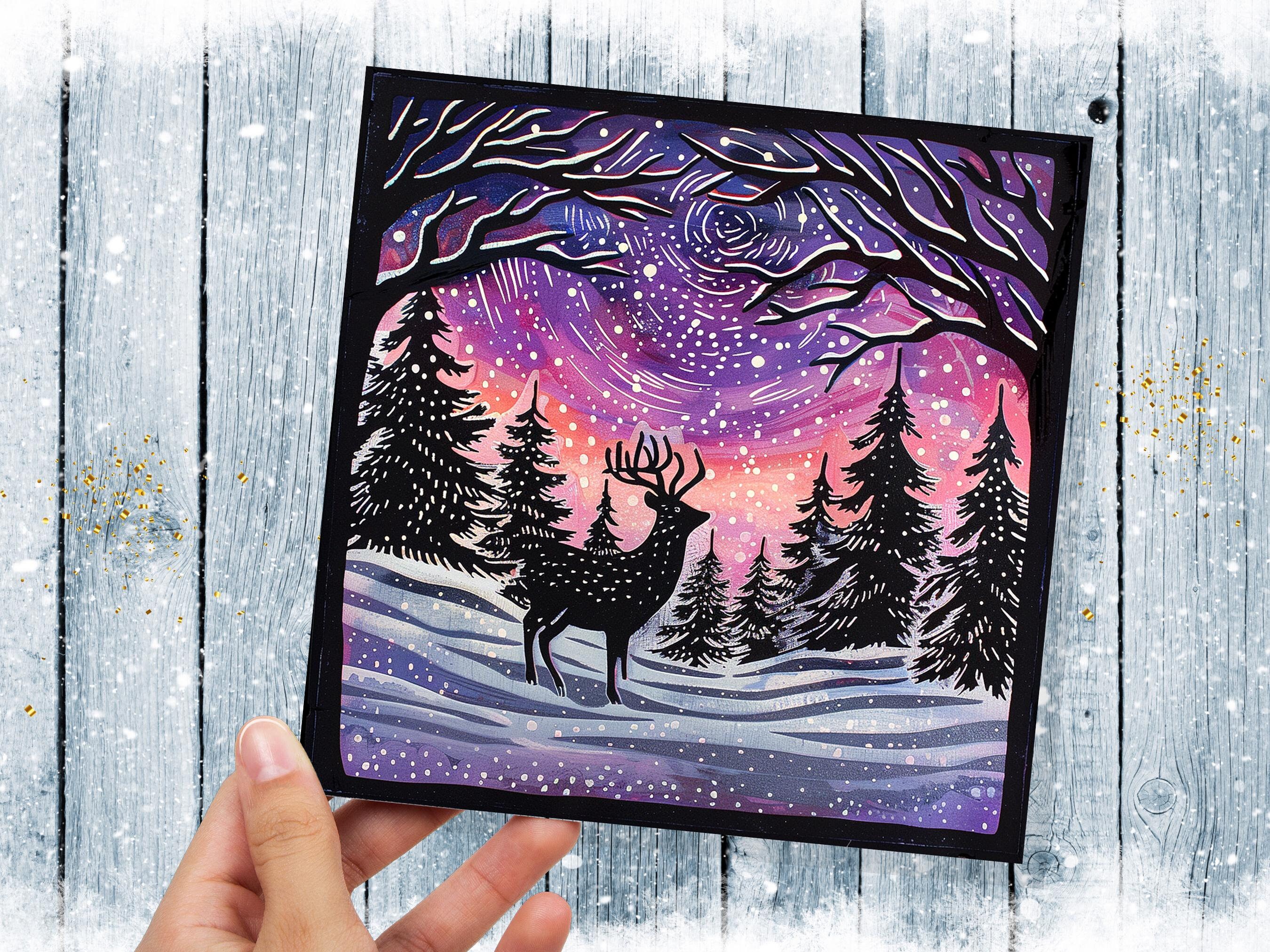 Christmas Card Reindeer Silhouette with Northern Lights Starry Sky Pine Tree Forest Aurora Borealis Deer Black Pink Orange Winter Sun Snow - View 2