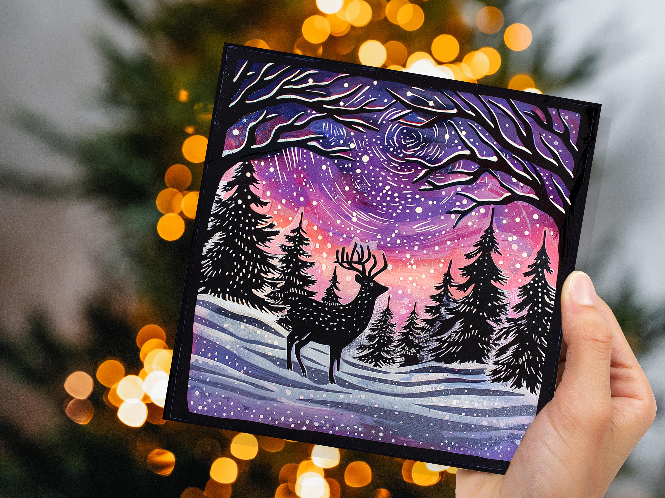 Christmas Card Reindeer Silhouette with Northern Lights Starry Sky Pine Tree Forest Aurora Borealis Deer Black Pink Orange Winter Sun Snow - View 3