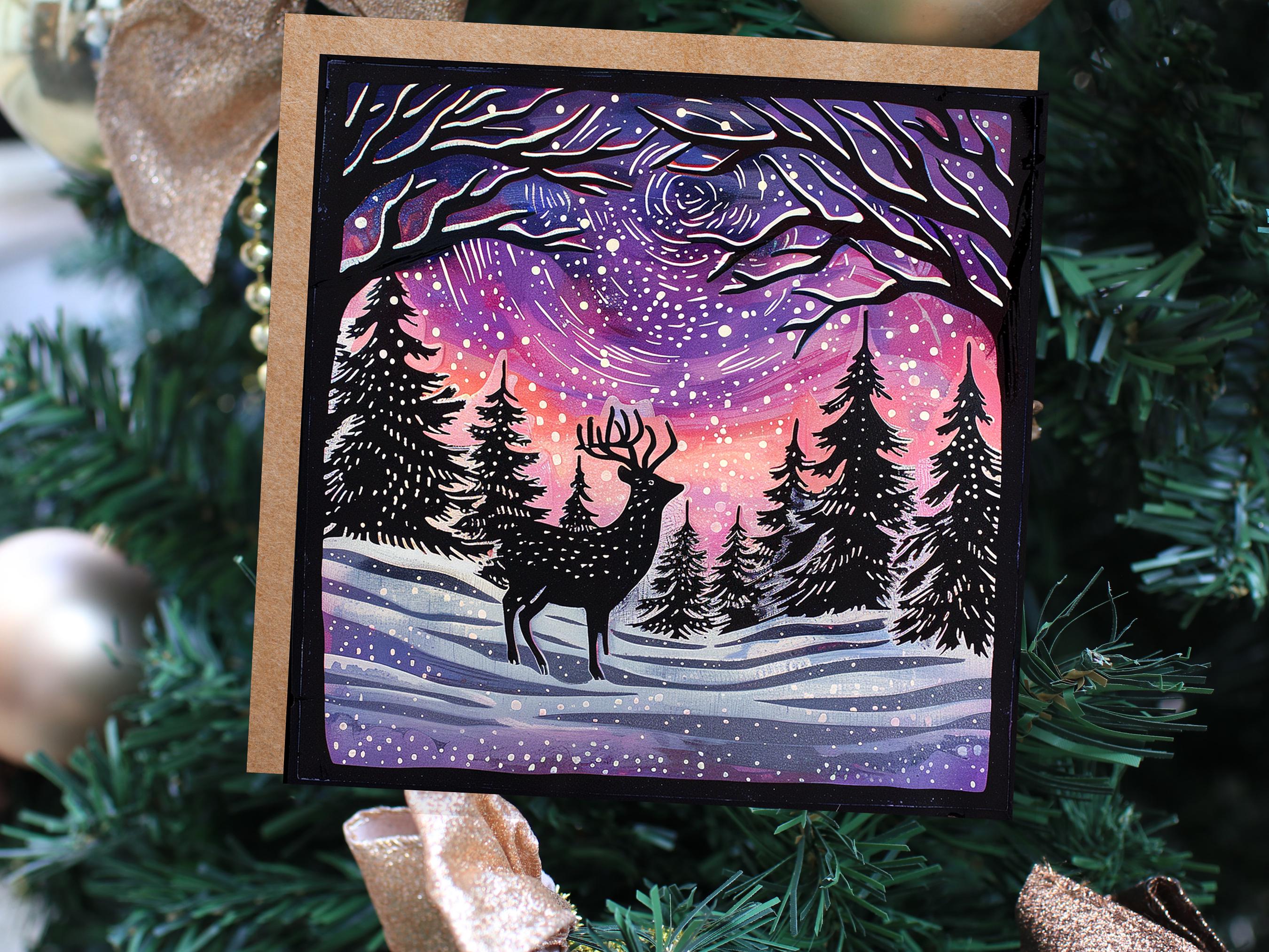 Christmas Card Reindeer Silhouette with Northern Lights Starry Sky Pine Tree Forest Aurora Borealis Deer Black Pink Orange Winter Sun Snow - View 4