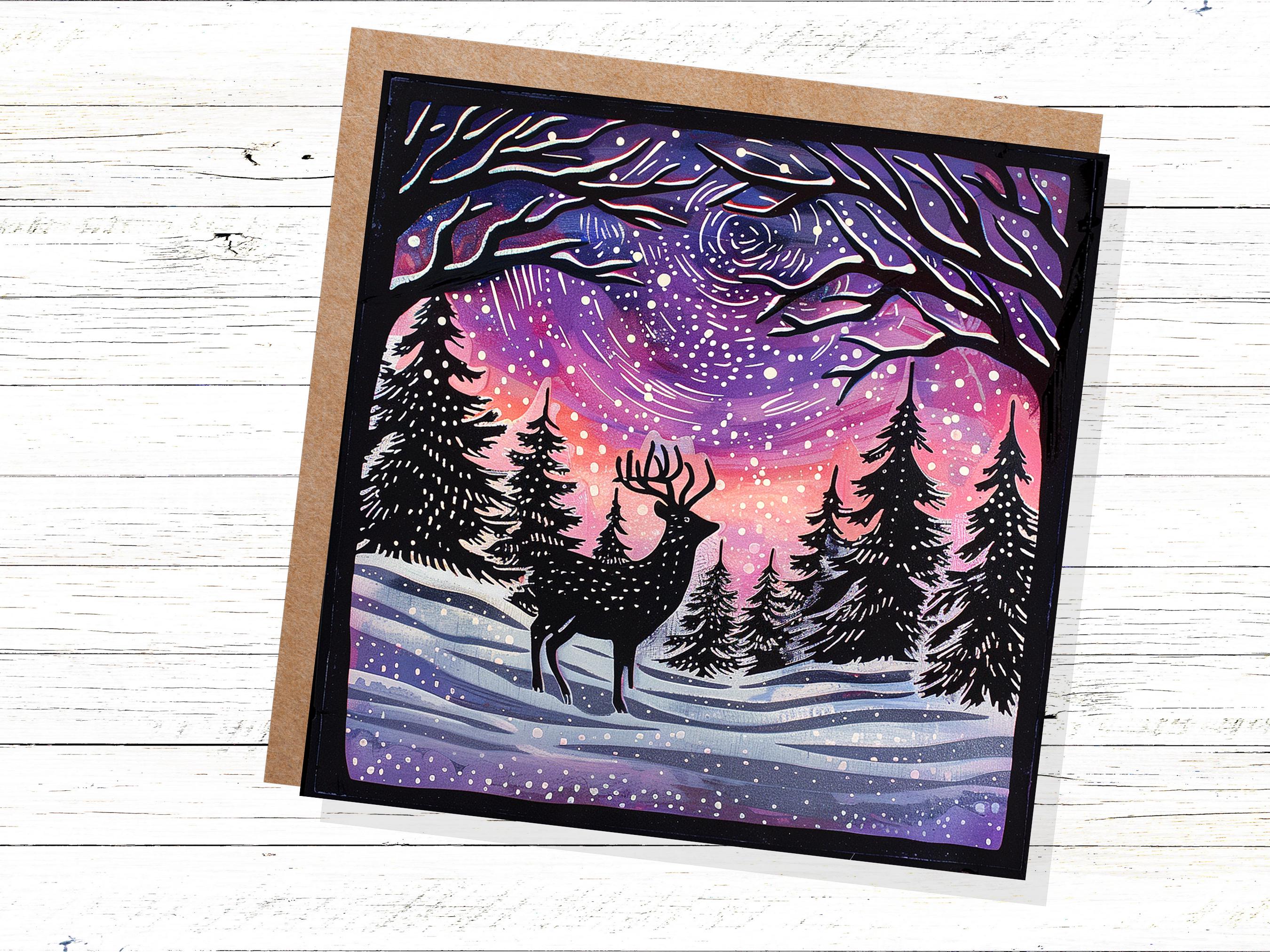 Christmas Card Reindeer Silhouette with Northern Lights Starry Sky Pine Tree Forest Aurora Borealis Deer Black Pink Orange Winter Sun Snow - View 5