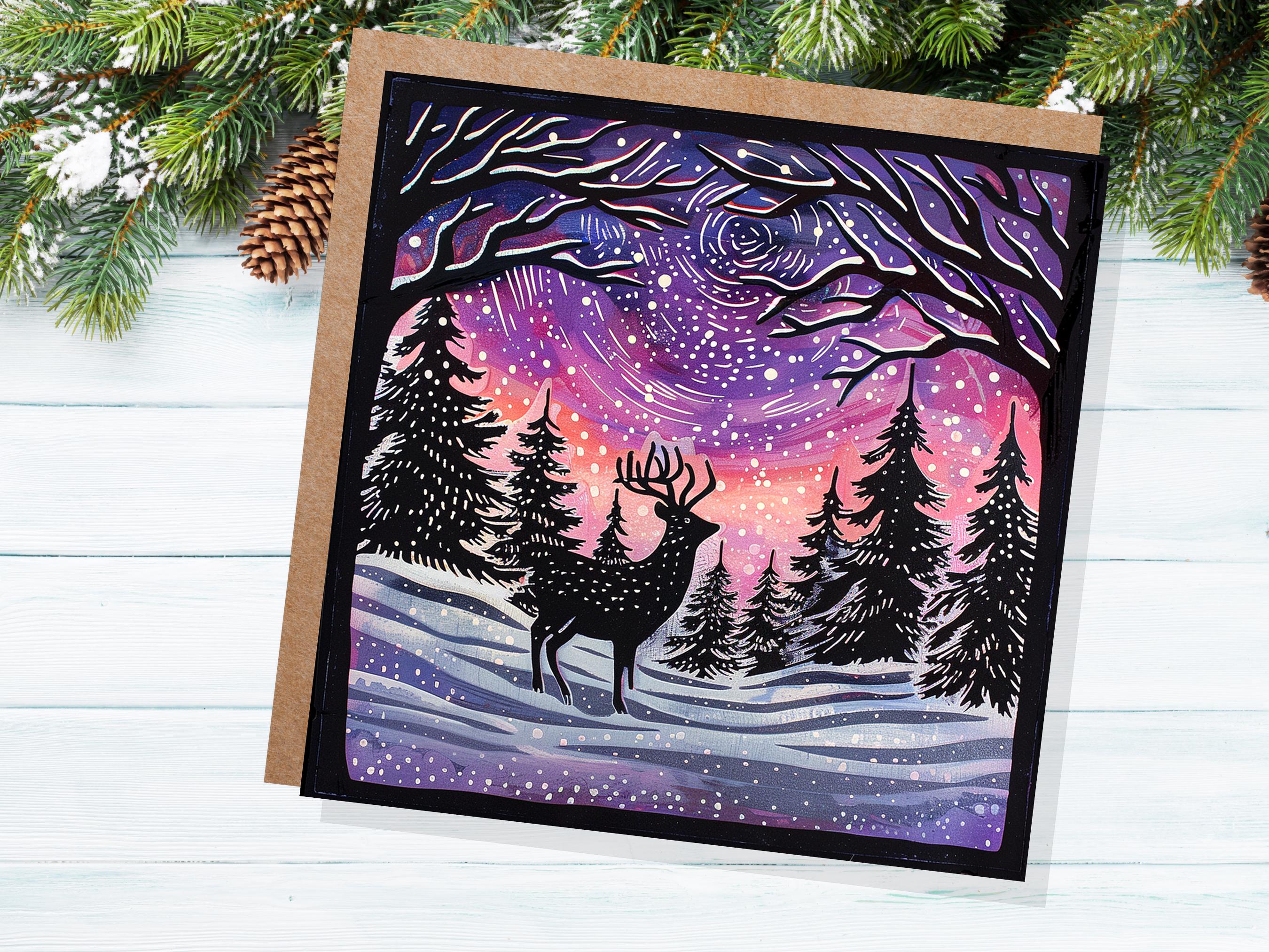 Christmas Card Reindeer Silhouette with Northern Lights Starry Sky Pine Tree Forest Aurora Borealis Deer Black Pink Orange Winter Sun Snow - View 6