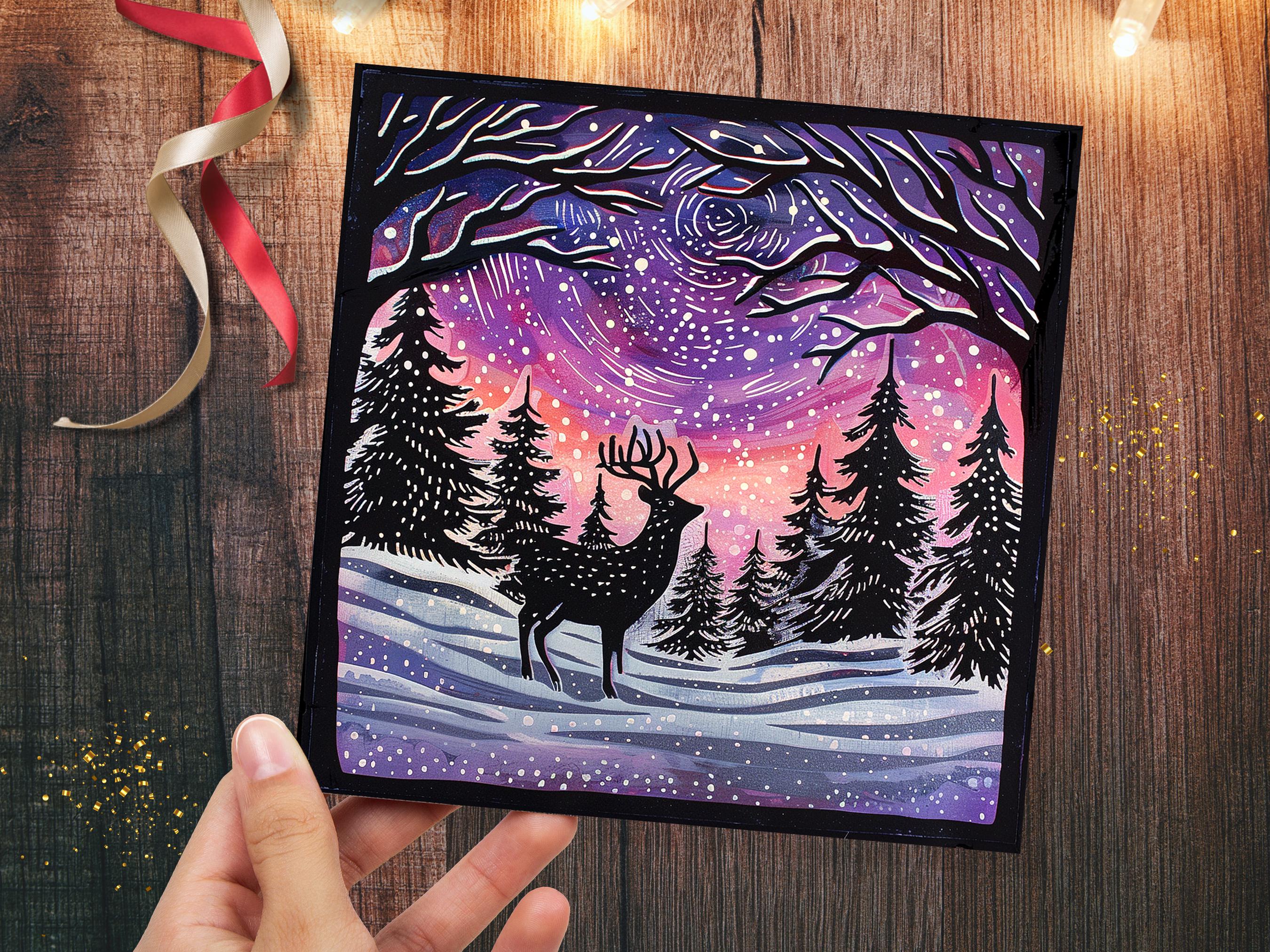 Christmas Card Reindeer Silhouette with Northern Lights Starry Sky Pine Tree Forest Aurora Borealis Deer Black Pink Orange Winter Sun Snow - View 7