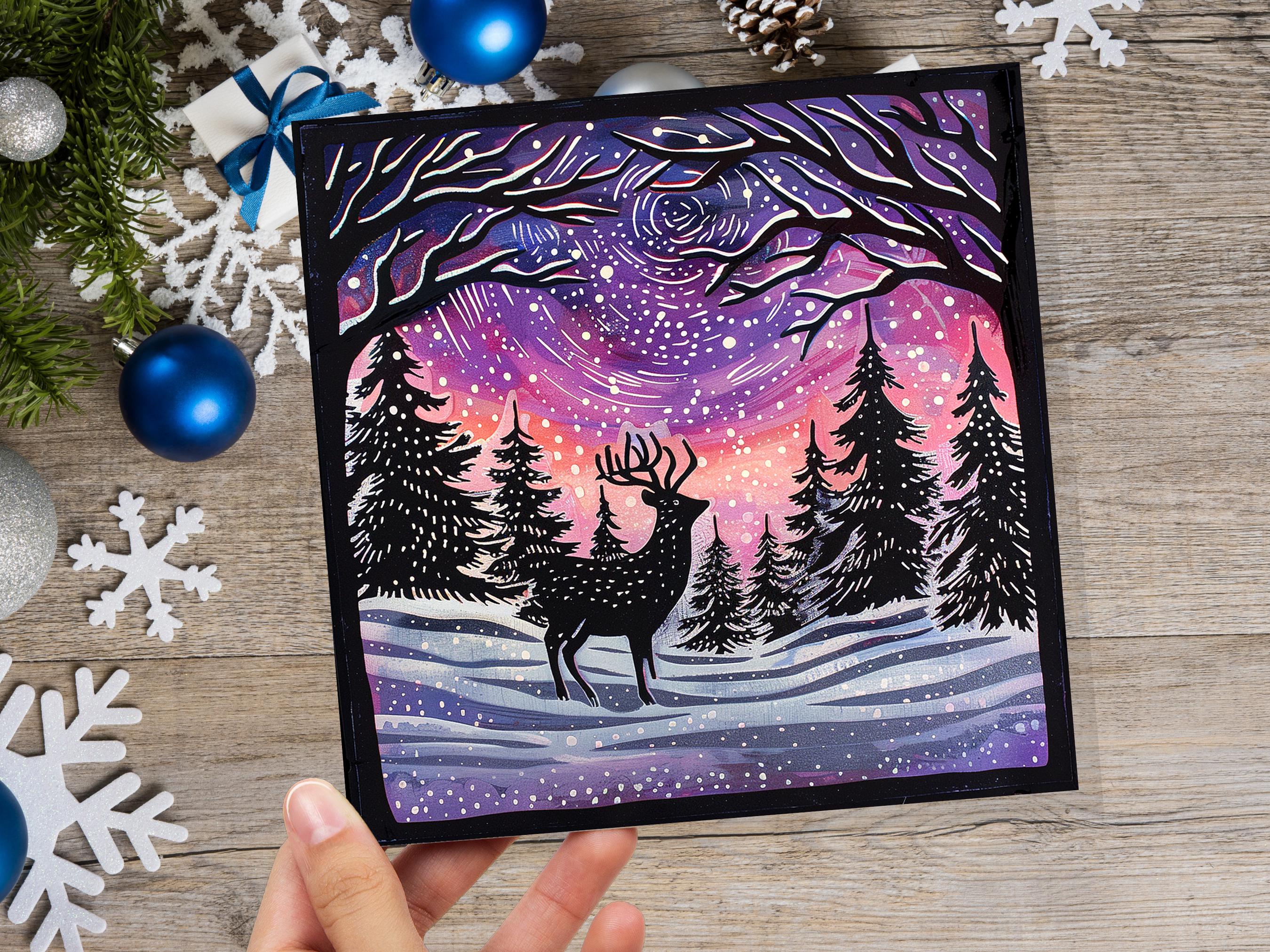 Christmas Card Reindeer Silhouette with Northern Lights Starry Sky Pine Tree Forest Aurora Borealis Deer Black Pink Orange Winter Sun Snow - View 8