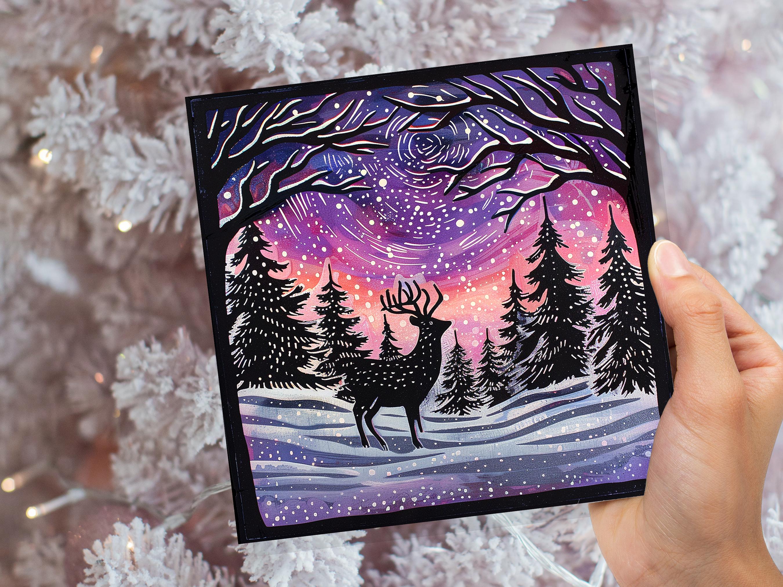 Christmas Card Reindeer Silhouette with Northern Lights Starry Sky Pine Tree Forest Aurora Borealis Deer Black Pink Orange Winter Sun Snow - View 9