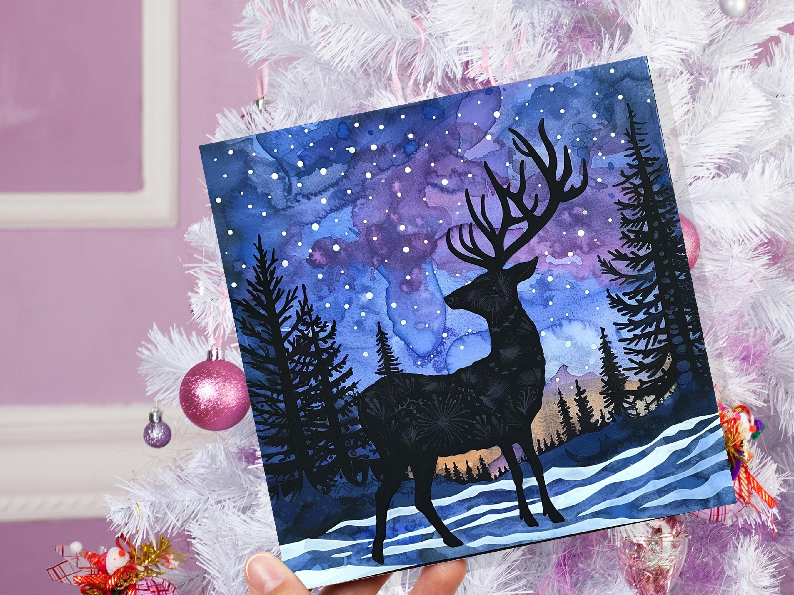 Christmas Card Reindeer Silhouette Winter Night Sky Pine Forest Snow Scene Blue Purple Starry Night Watercolour Art Holiday Greeting 2024