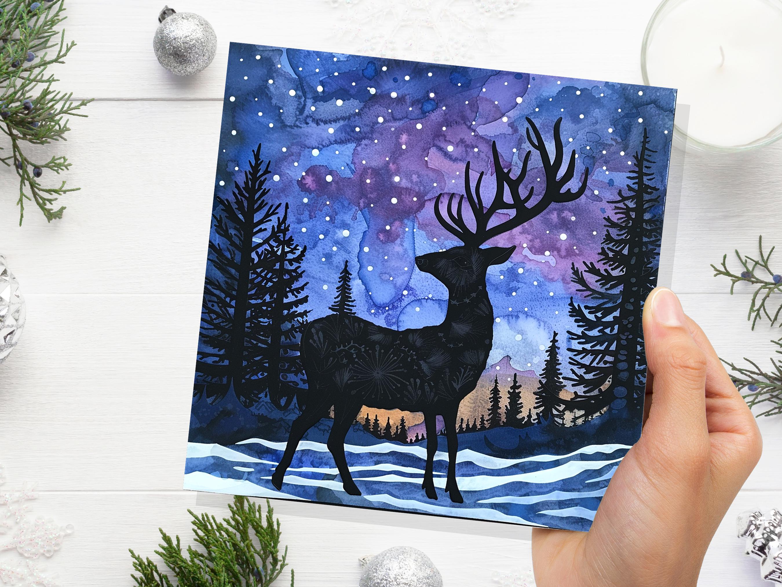 Christmas Card Reindeer Silhouette Winter Night Sky Pine Forest Snow Scene Blue Purple Starry Night Watercolour Art Holiday Greeting 2024 - View 2