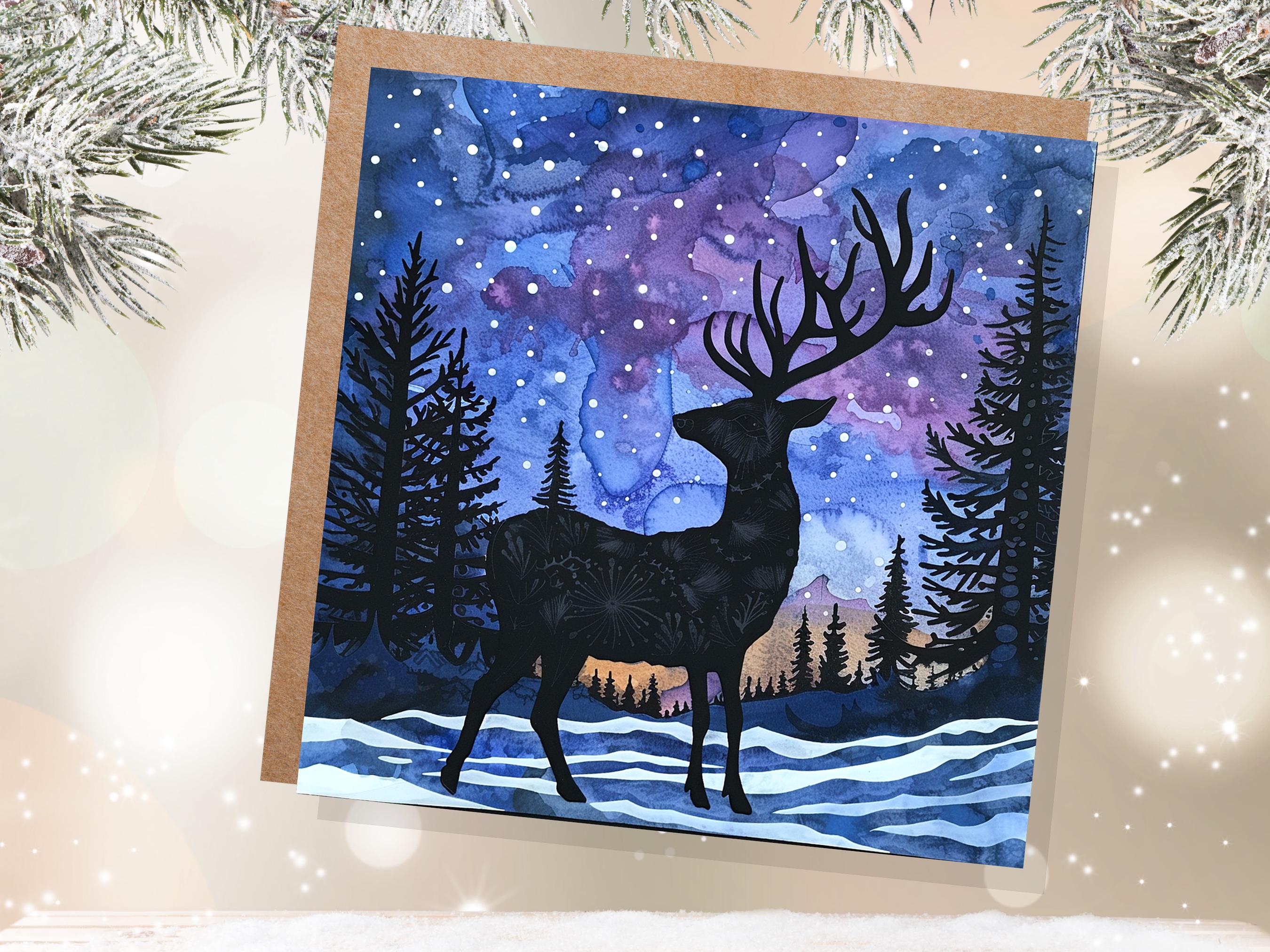 Christmas Card Reindeer Silhouette Winter Night Sky Pine Forest Snow Scene Blue Purple Starry Night Watercolour Art Holiday Greeting 2024 - View 3