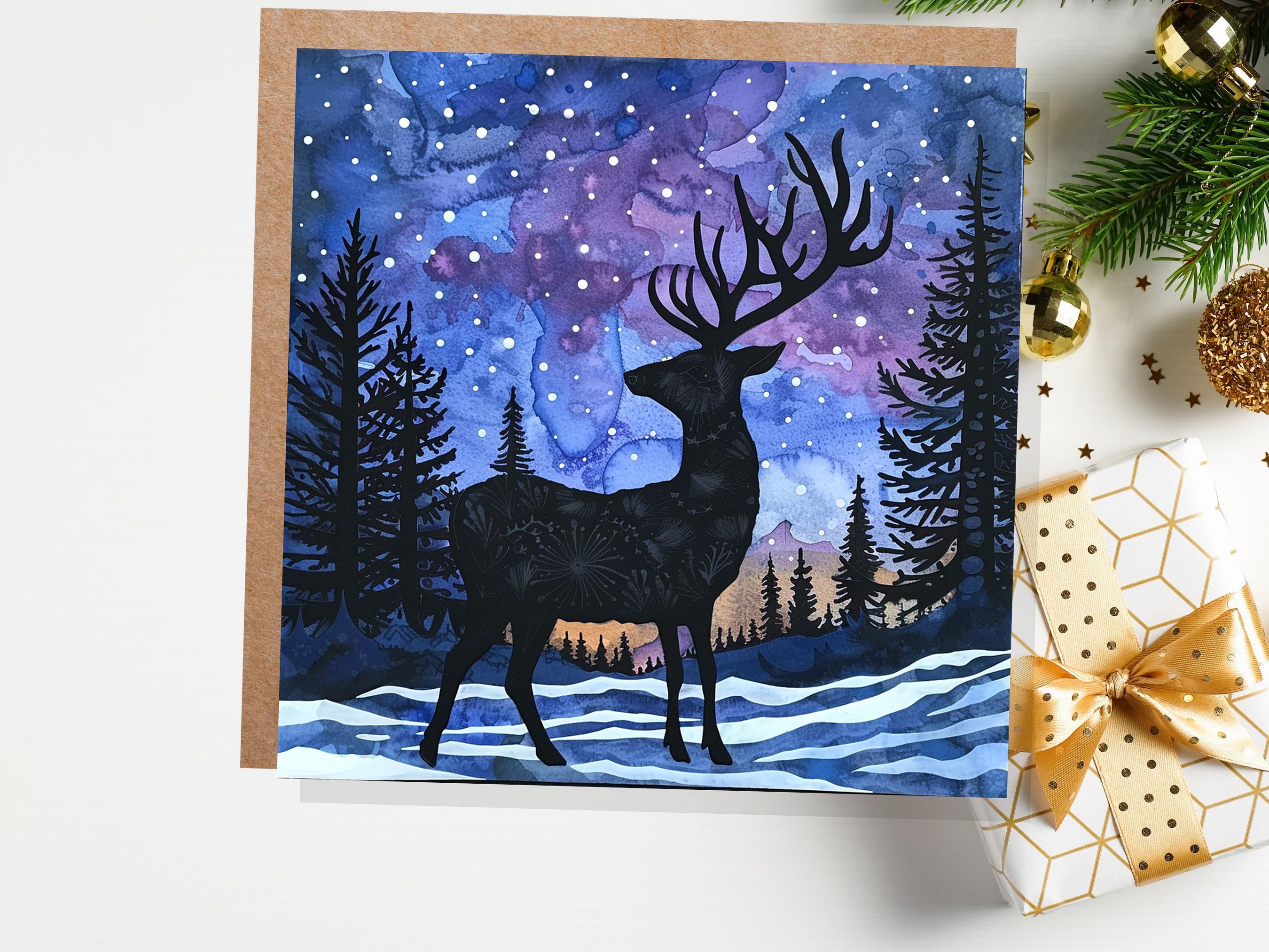 Christmas Card Reindeer Silhouette Winter Night Sky Pine Forest Snow Scene Blue Purple Starry Night Watercolour Art Holiday Greeting 2024 - View 4