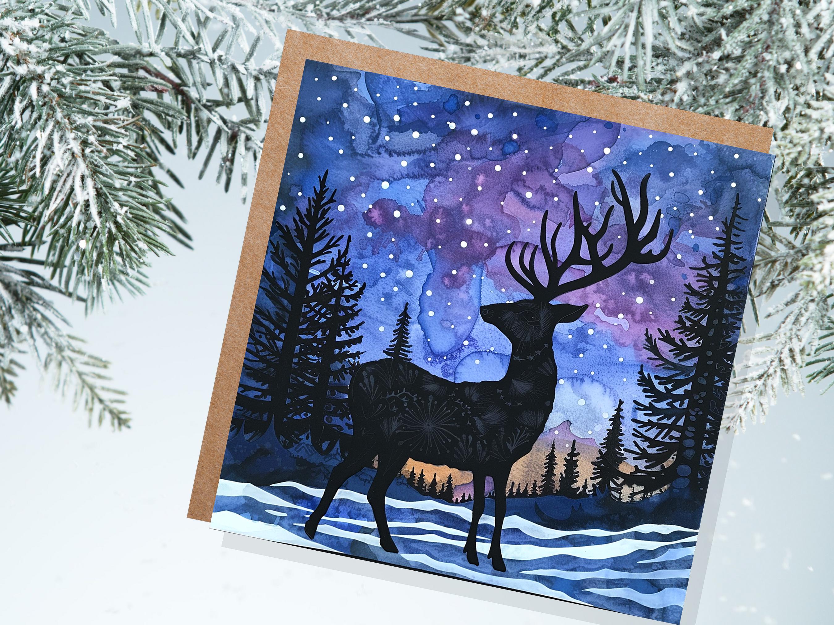 Christmas Card Reindeer Silhouette Winter Night Sky Pine Forest Snow Scene Blue Purple Starry Night Watercolour Art Holiday Greeting 2024 - View 5