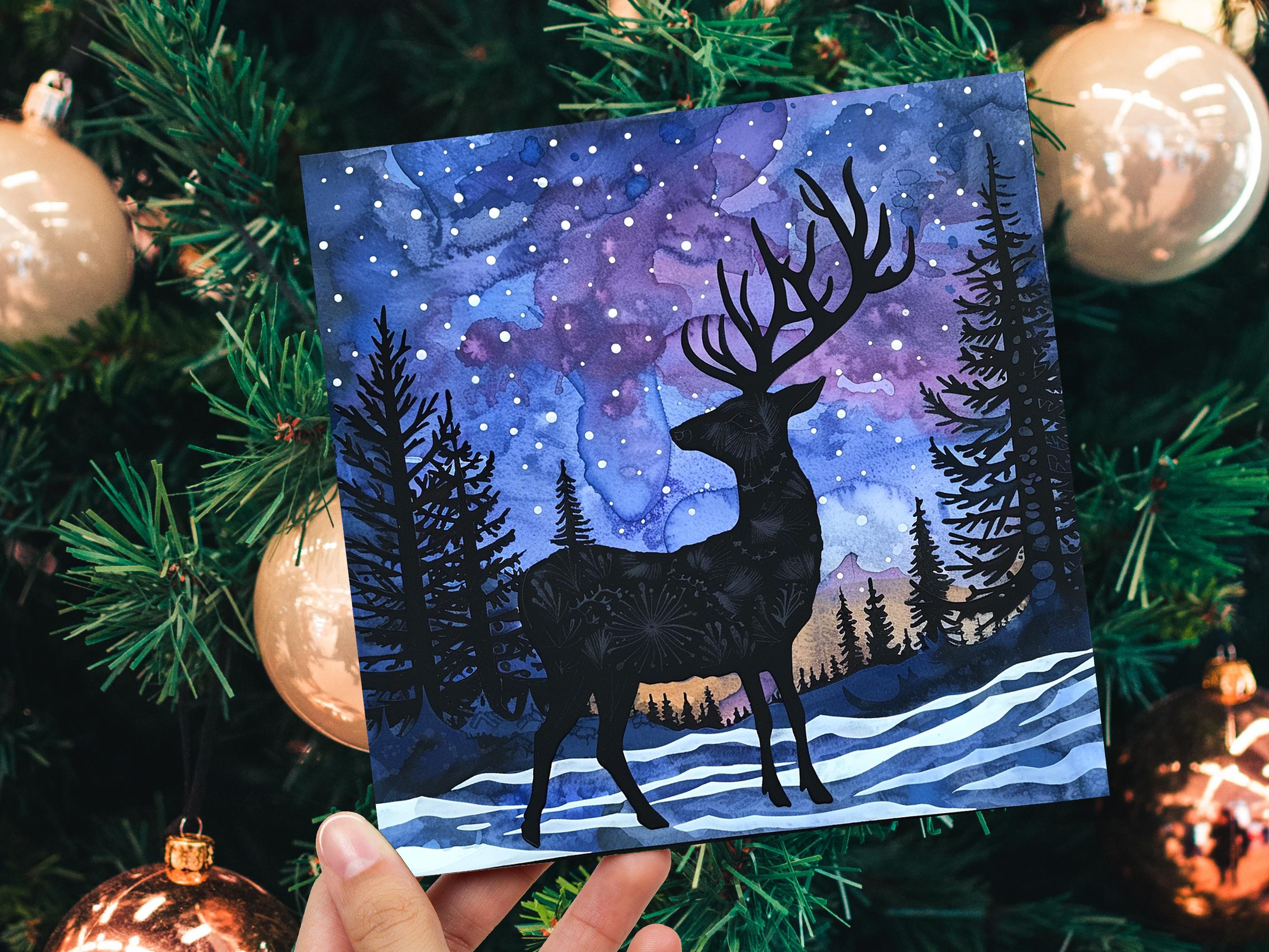 Christmas Card Reindeer Silhouette Winter Night Sky Pine Forest Snow Scene Blue Purple Starry Night Watercolour Art Holiday Greeting 2024 - View 6