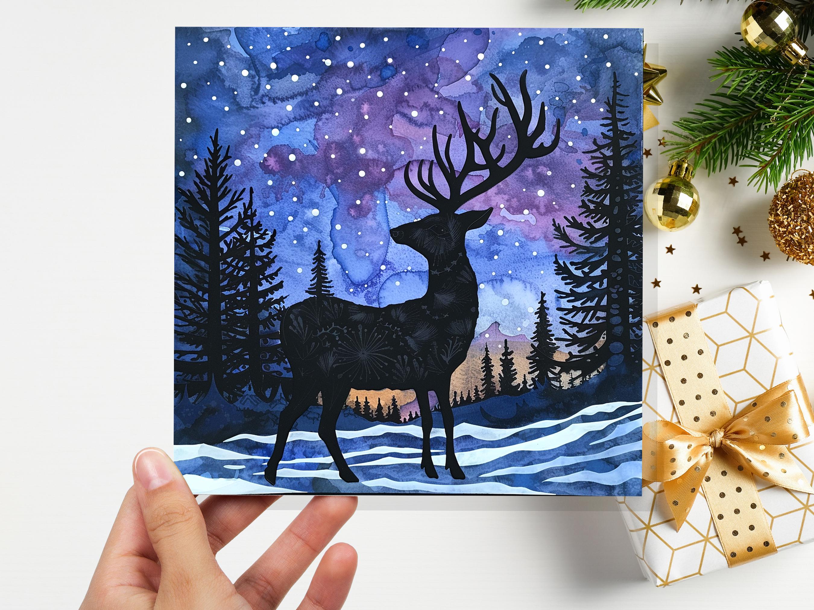 Christmas Card Reindeer Silhouette Winter Night Sky Pine Forest Snow Scene Blue Purple Starry Night Watercolour Art Holiday Greeting 2024 - View 7