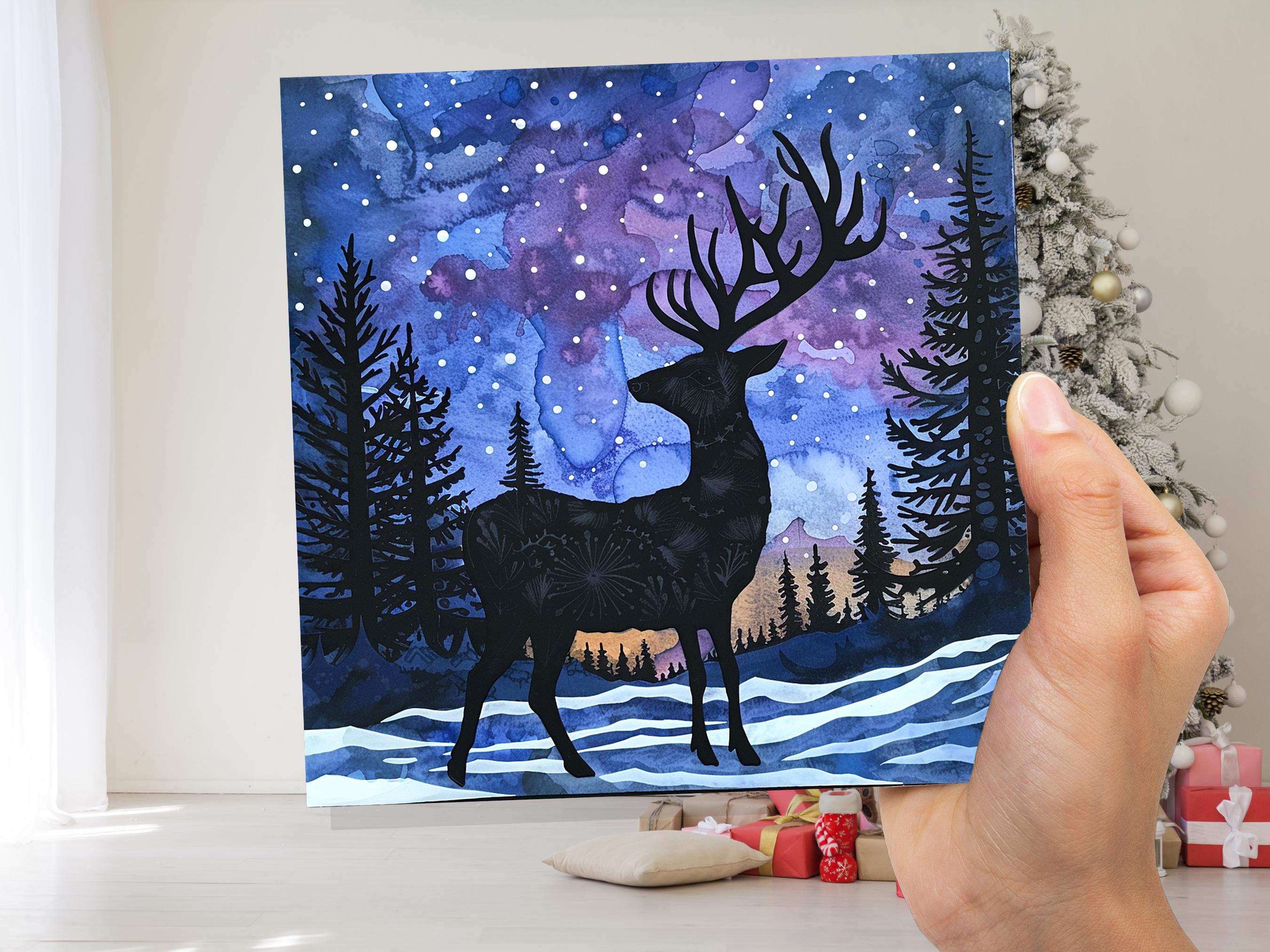 Christmas Card Reindeer Silhouette Winter Night Sky Pine Forest Snow Scene Blue Purple Starry Night Watercolour Art Holiday Greeting 2024 - View 8