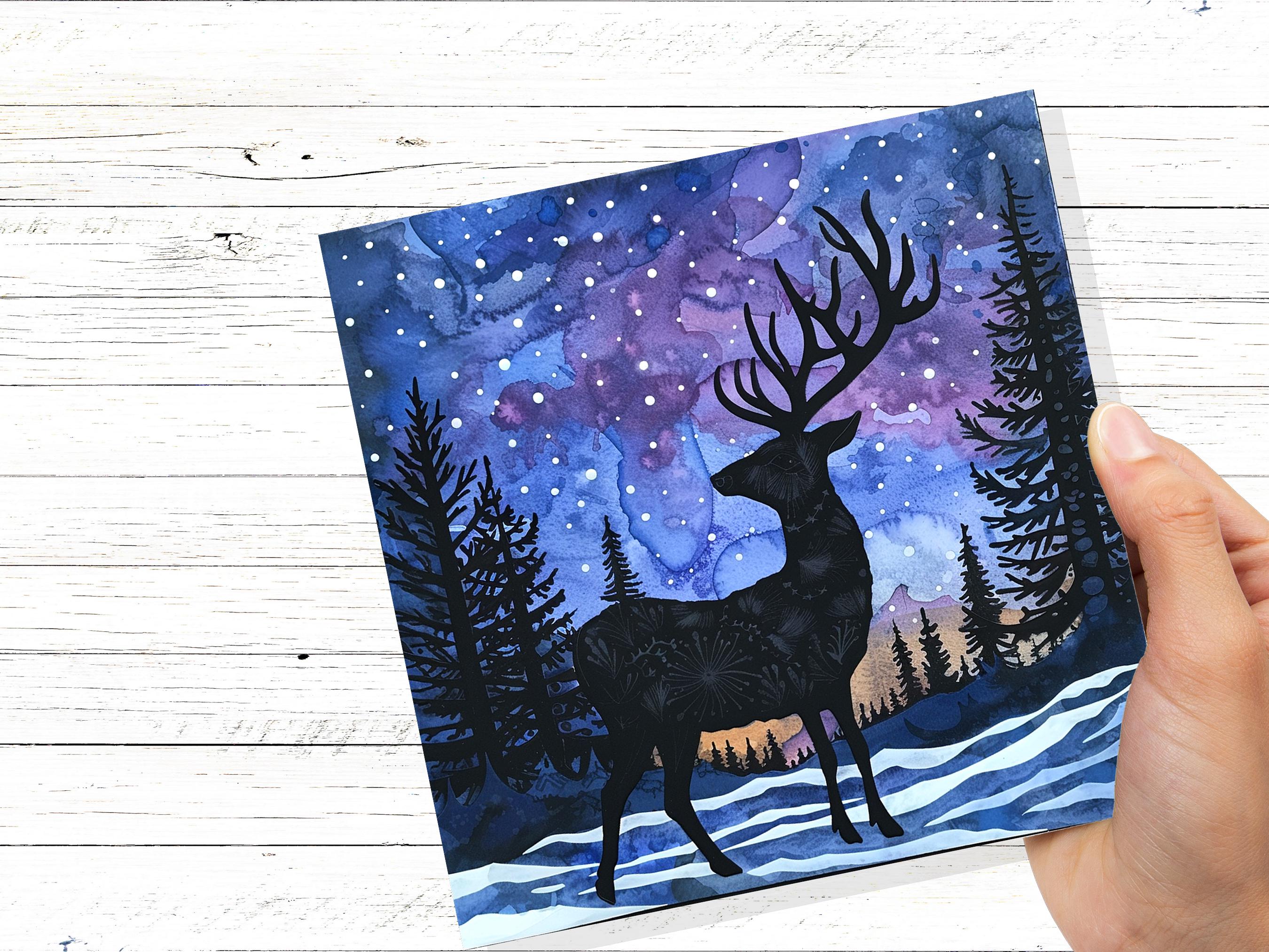 Christmas Card Reindeer Silhouette Winter Night Sky Pine Forest Snow Scene Blue Purple Starry Night Watercolour Art Holiday Greeting 2024 - View 9