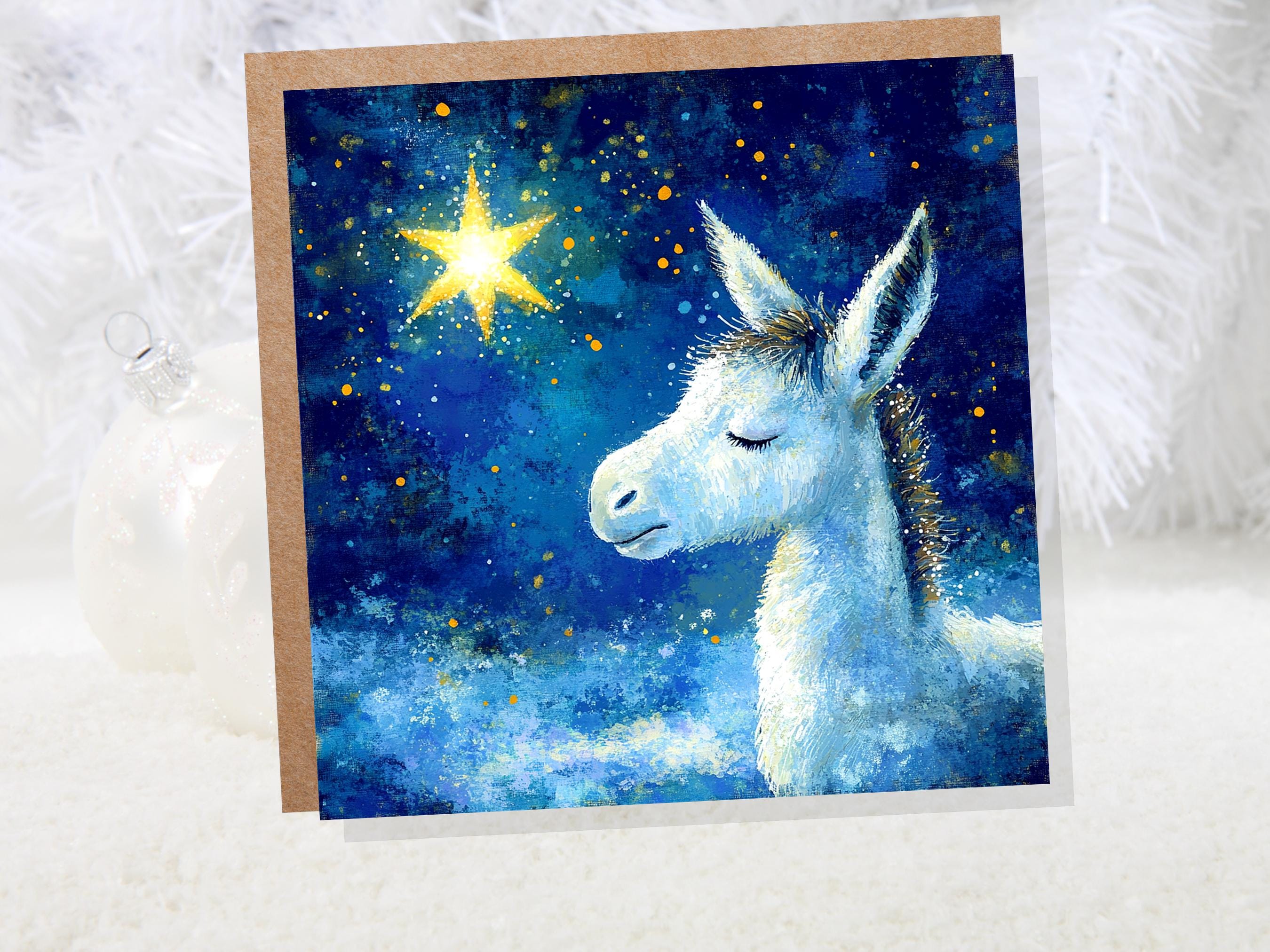 Christmas Card Donkey with North Star of Bethlehem Blue White Gold Starry Night Sky Nativity Unique Festive Greetings for Donkey Lovers 2024 - View 4