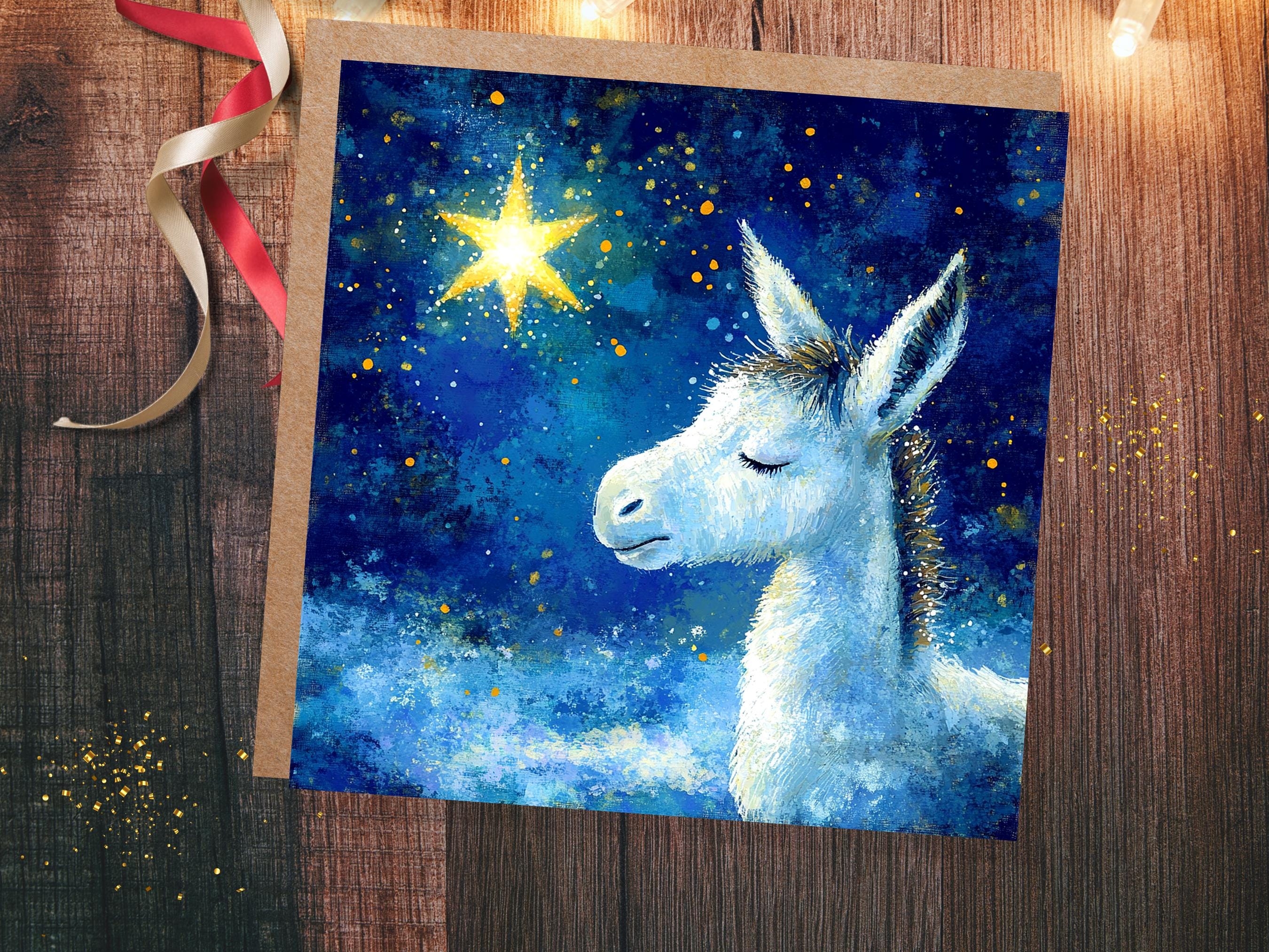 Christmas Card Donkey with North Star of Bethlehem Blue White Gold Starry Night Sky Nativity Unique Festive Greetings for Donkey Lovers 2024 - View 2