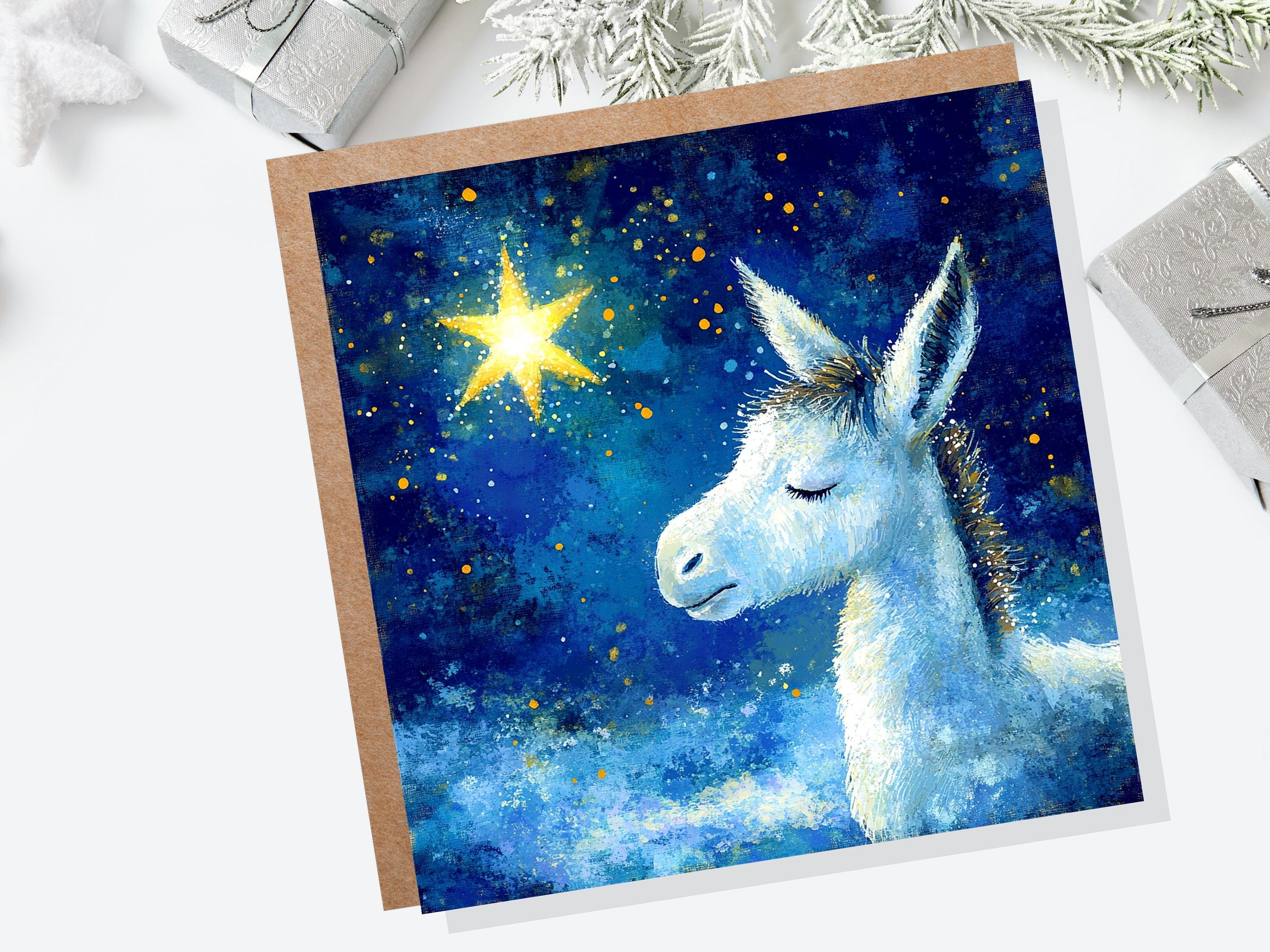 Christmas Card Donkey with North Star of Bethlehem Blue White Gold Starry Night Sky Nativity Unique Festive Greetings for Donkey Lovers 2024 - View 3