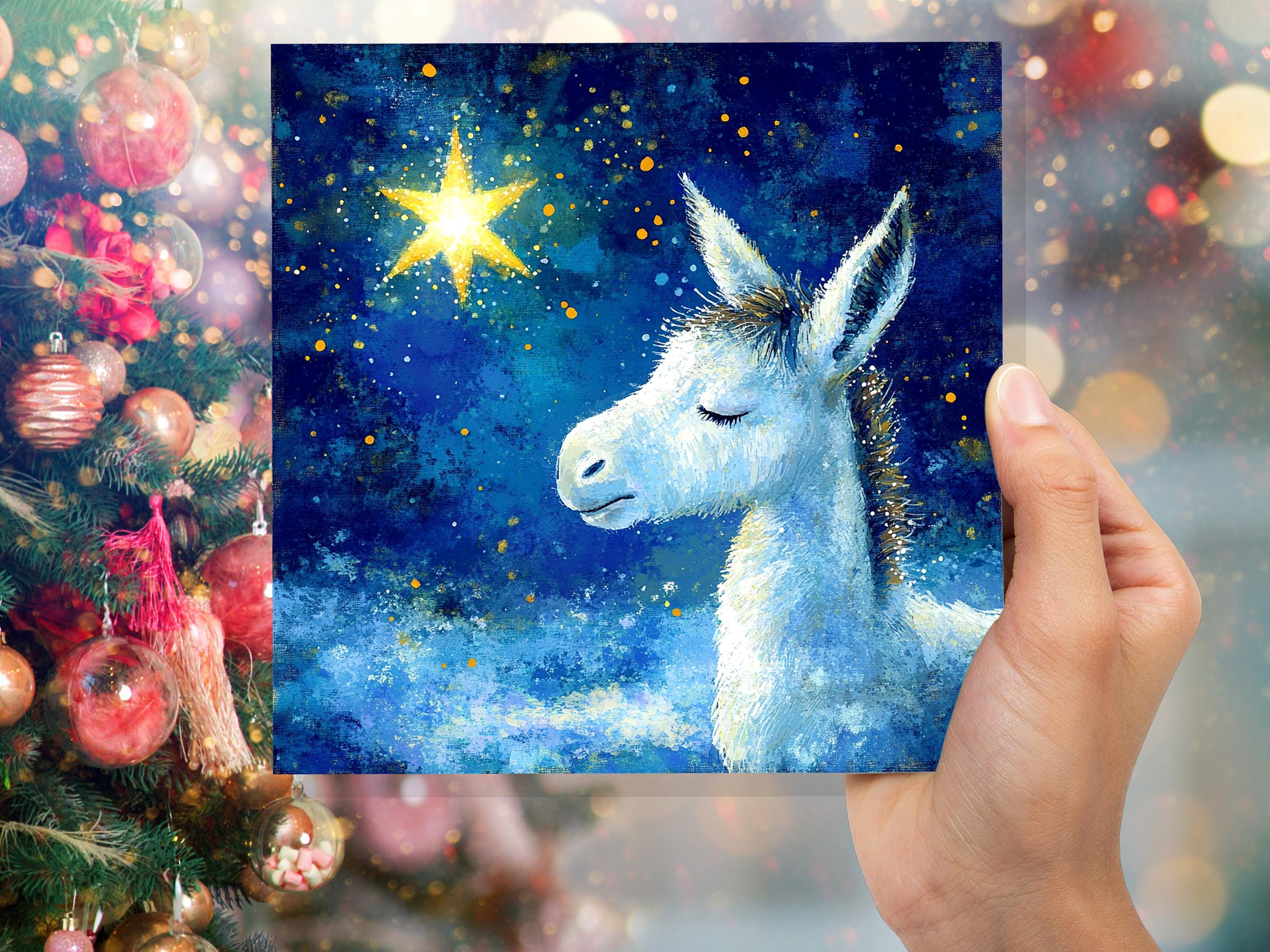 Christmas Card Donkey with North Star of Bethlehem Blue White Gold Starry Night Sky Nativity Unique Festive Greetings for Donkey Lovers 2024 - View 7