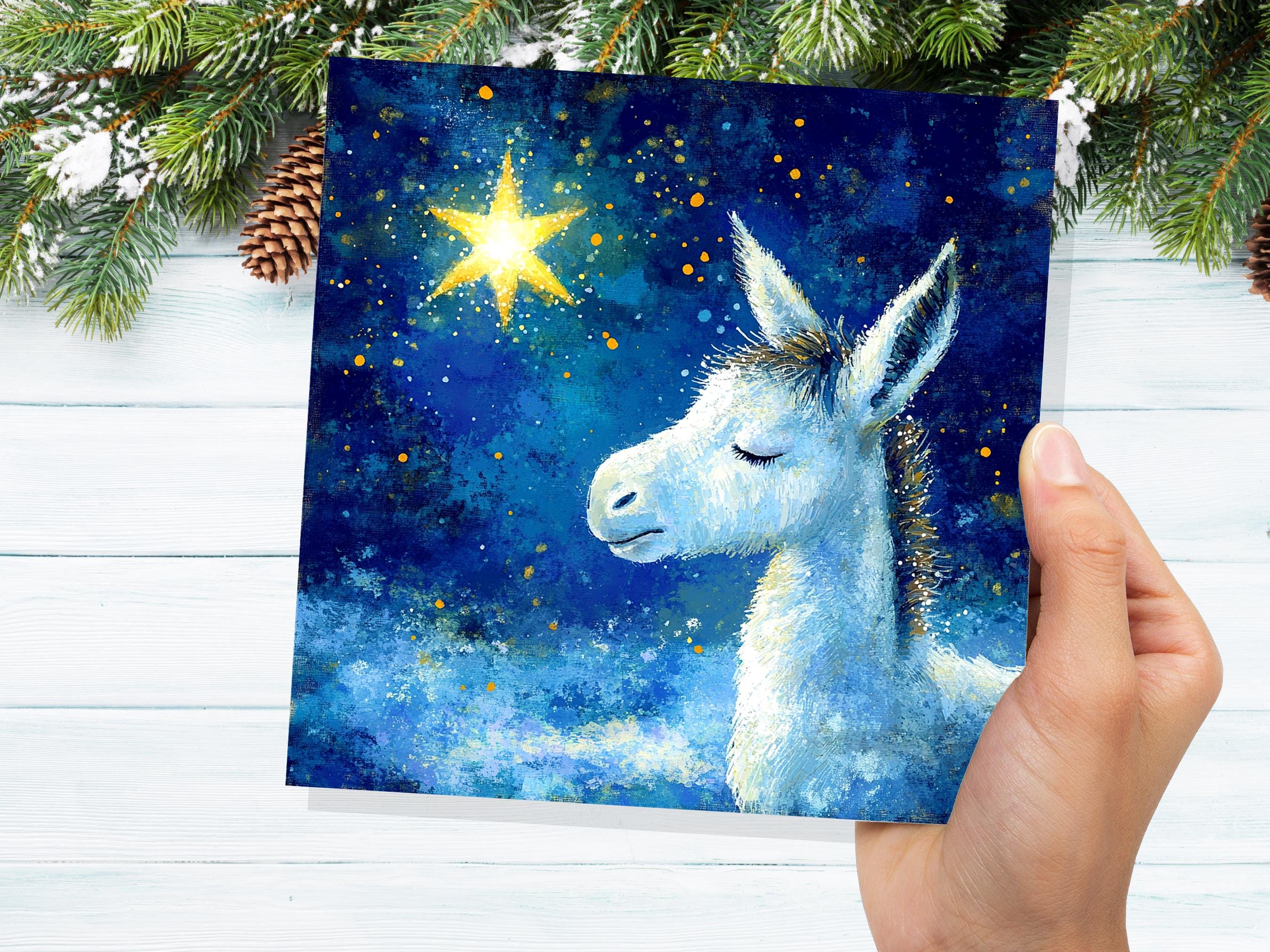 Christmas Card Donkey with North Star of Bethlehem Blue White Gold Starry Night Sky Nativity Unique Festive Greetings for Donkey Lovers 2024 - View 8