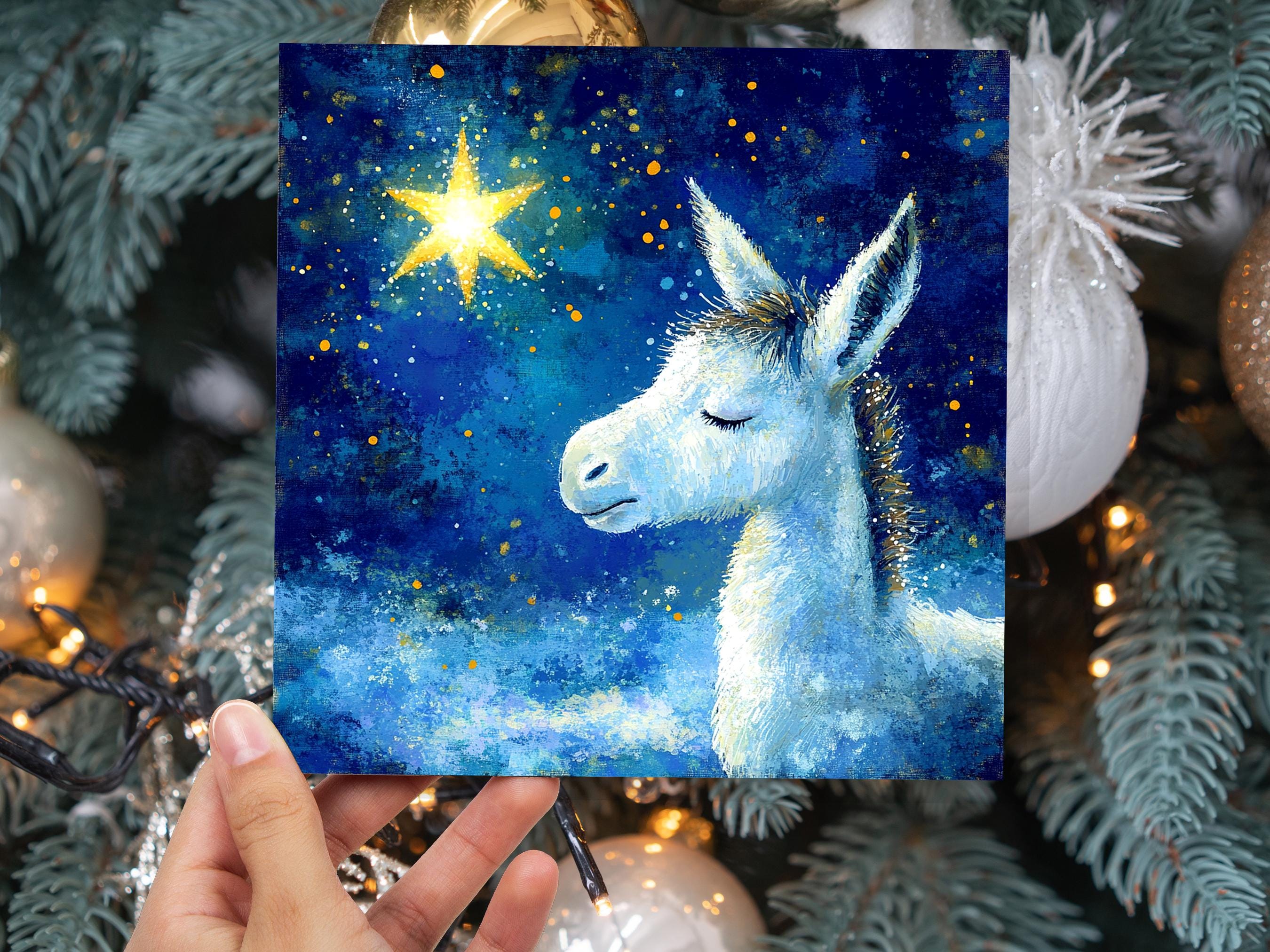 Christmas Card Donkey with North Star of Bethlehem Blue White Gold Starry Night Sky Nativity Unique Festive Greetings for Donkey Lovers 2024 - View 6