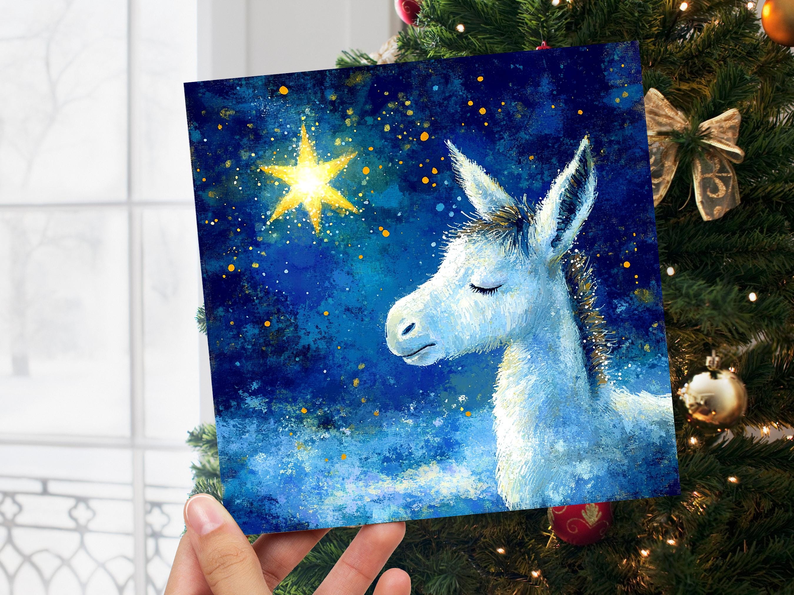 Christmas Card Donkey with North Star of Bethlehem Blue White Gold Starry Night Sky Nativity Unique Festive Greetings for Donkey Lovers 2024 - View 5