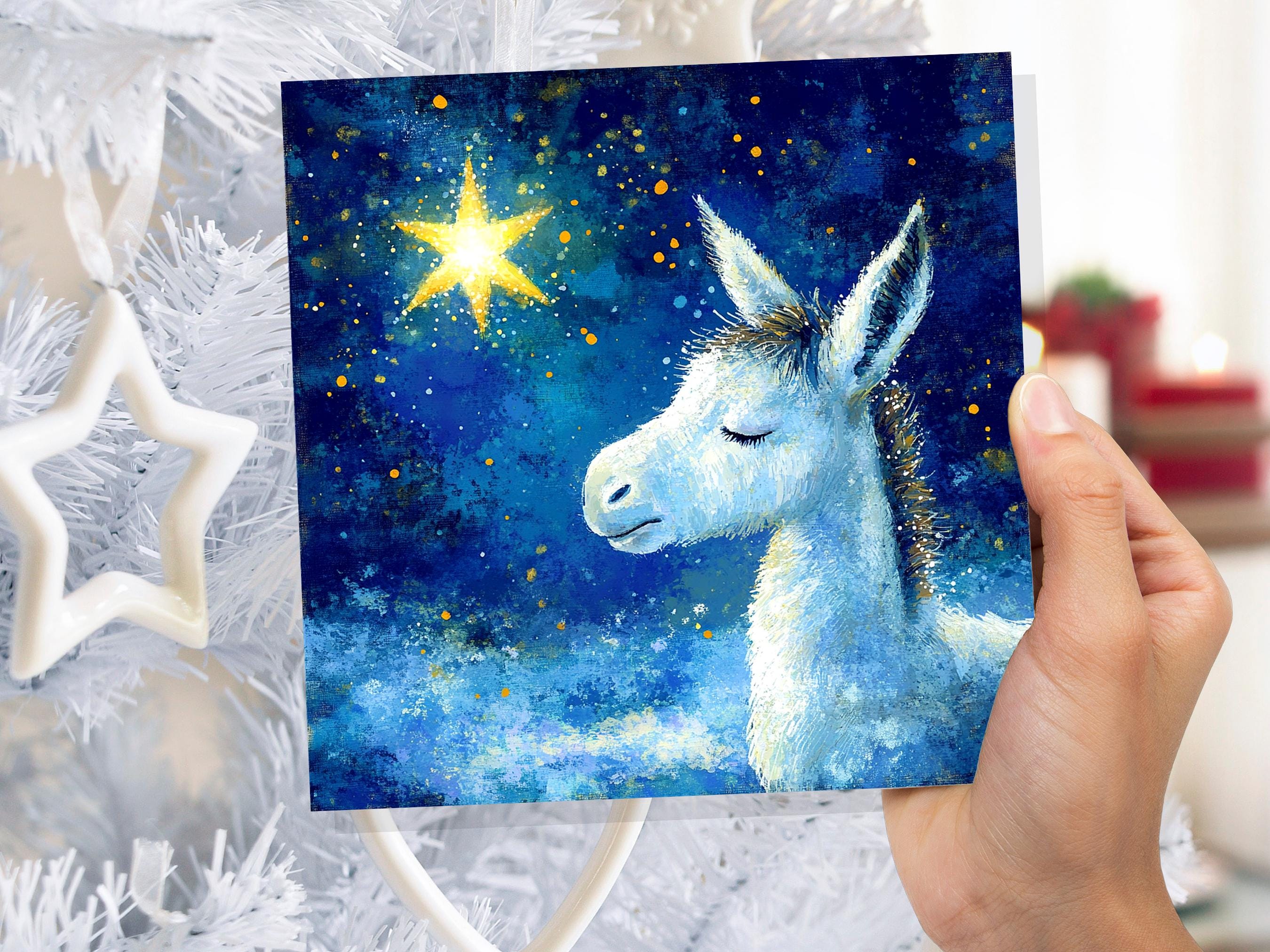 Christmas Card Donkey with North Star of Bethlehem Blue White Gold Starry Night Sky Nativity Unique Festive Greetings for Donkey Lovers 2024 - View 9