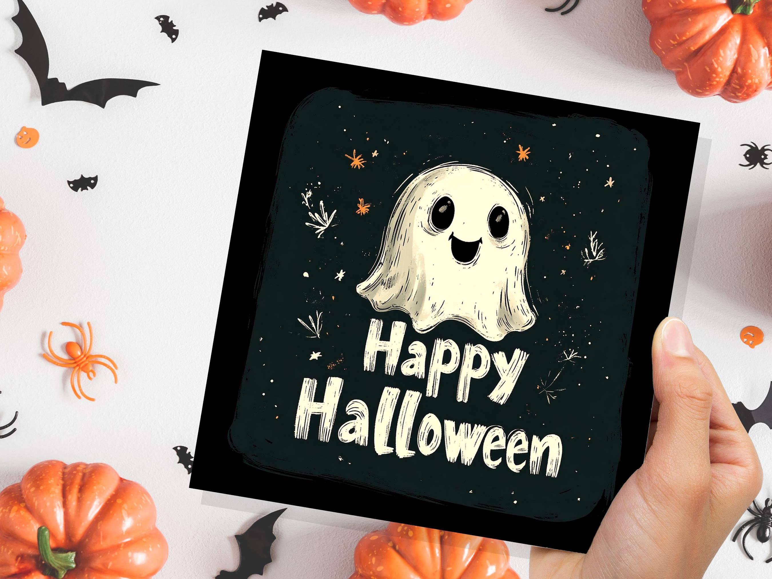 Cute Happy Halloween Greeting Card with Friendly Ghost Unique Haunted House Party Invitation Ghostly Horror Paranormal Spooky Gothic Fun