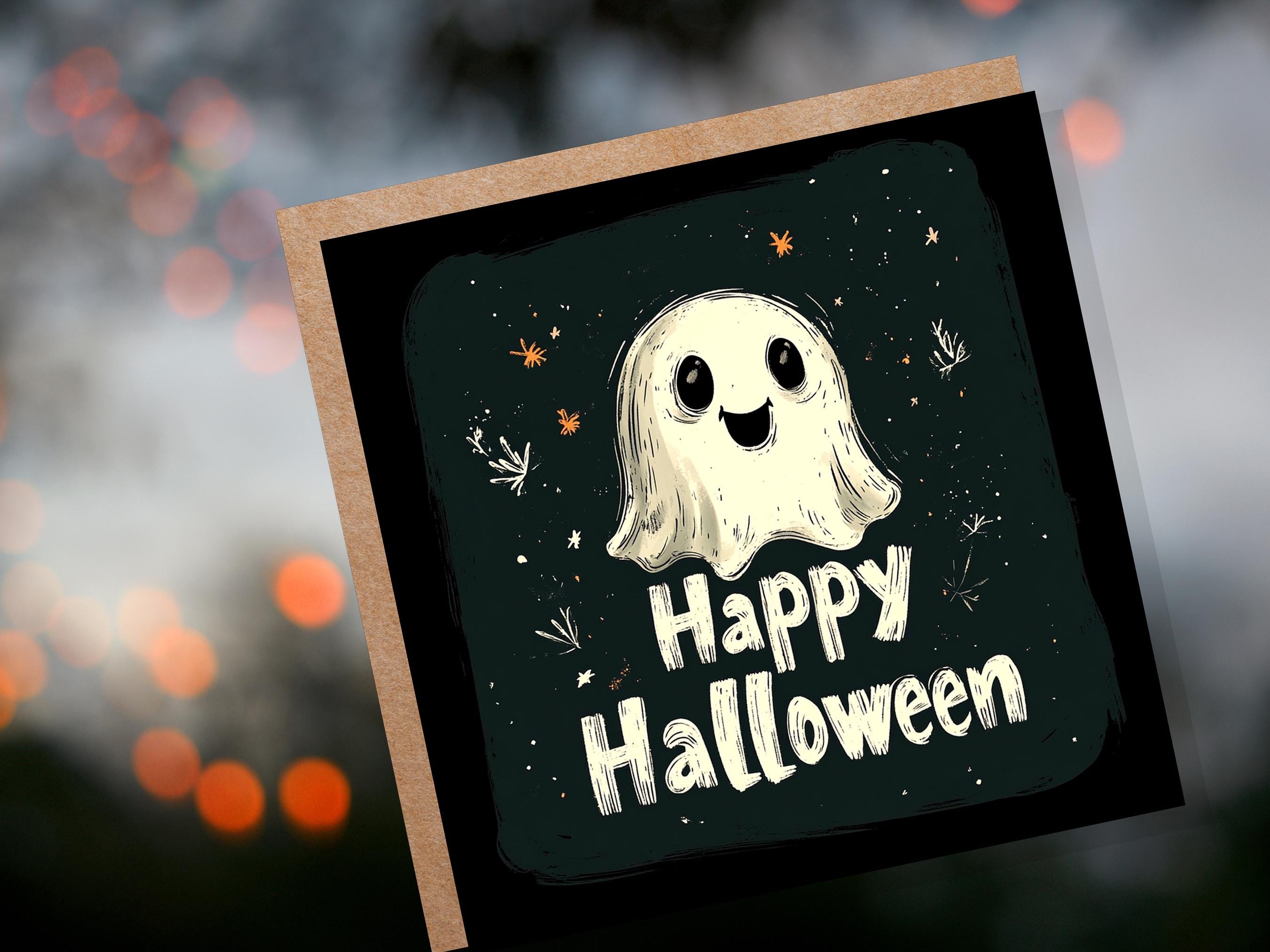 Cute Happy Halloween Greeting Card with Friendly Ghost Unique Haunted House Party Invitation Ghostly Horror Paranormal Spooky Gothic Fun - View 2