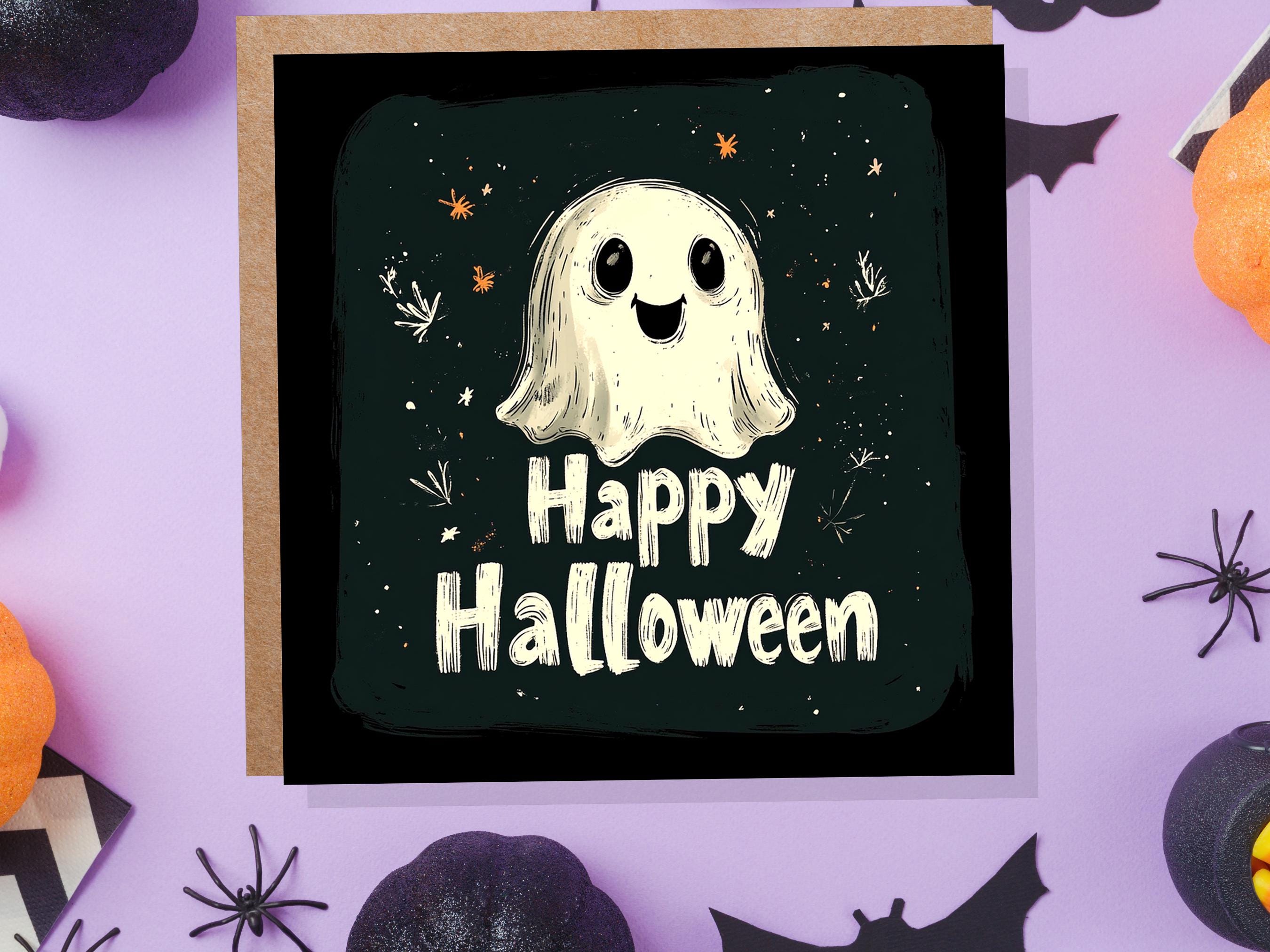 Cute Happy Halloween Greeting Card with Friendly Ghost Unique Haunted House Party Invitation Ghostly Horror Paranormal Spooky Gothic Fun - View 3