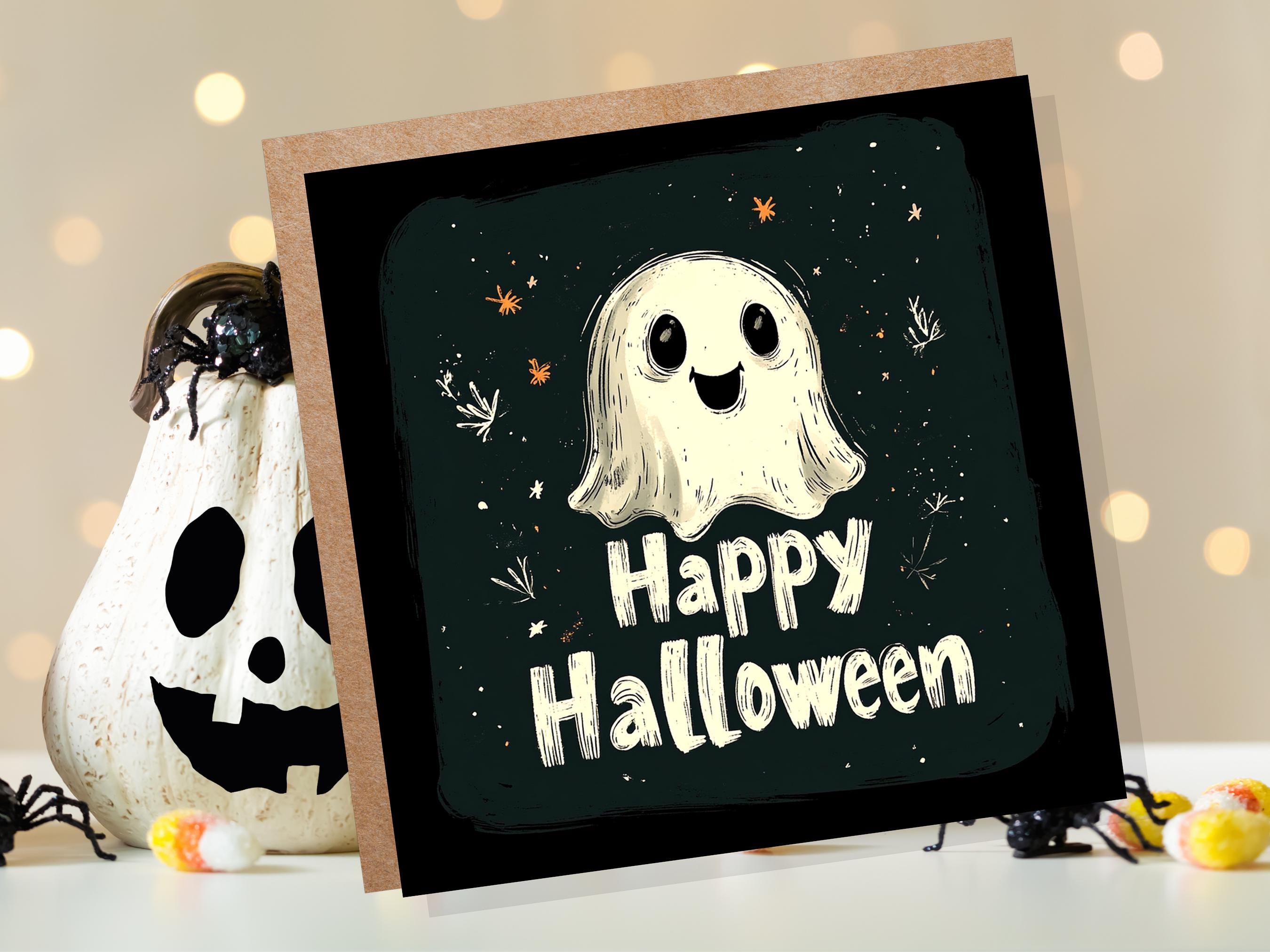 Cute Happy Halloween Greeting Card with Friendly Ghost Unique Haunted House Party Invitation Ghostly Horror Paranormal Spooky Gothic Fun - View 4