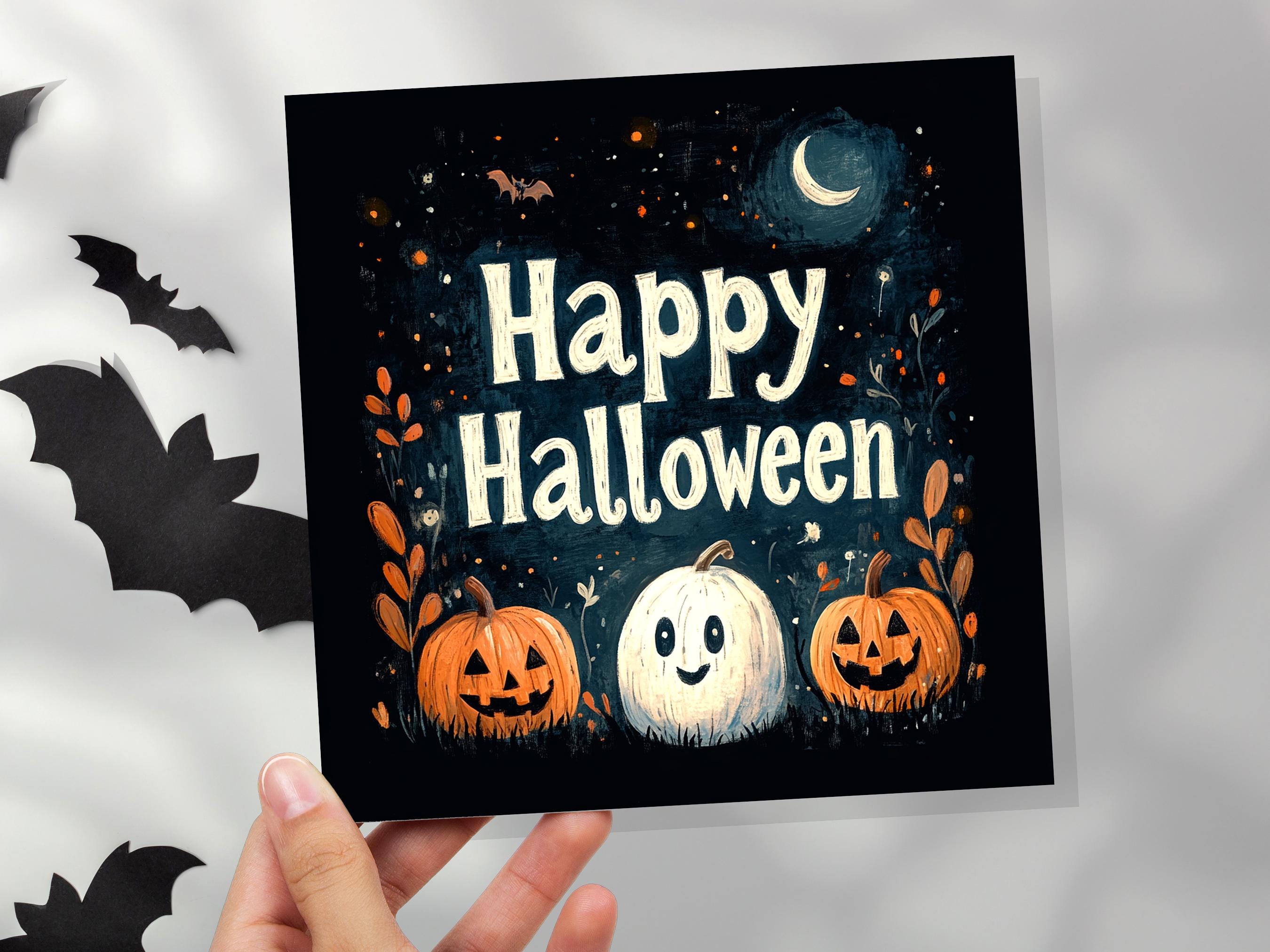 Happy Halloween Pumpkins Greeting Card Cute Jack-o'-Lanterns Ghost Pumpkin Crescent Moon Unique Card For Family Friends Spooky Party Invites