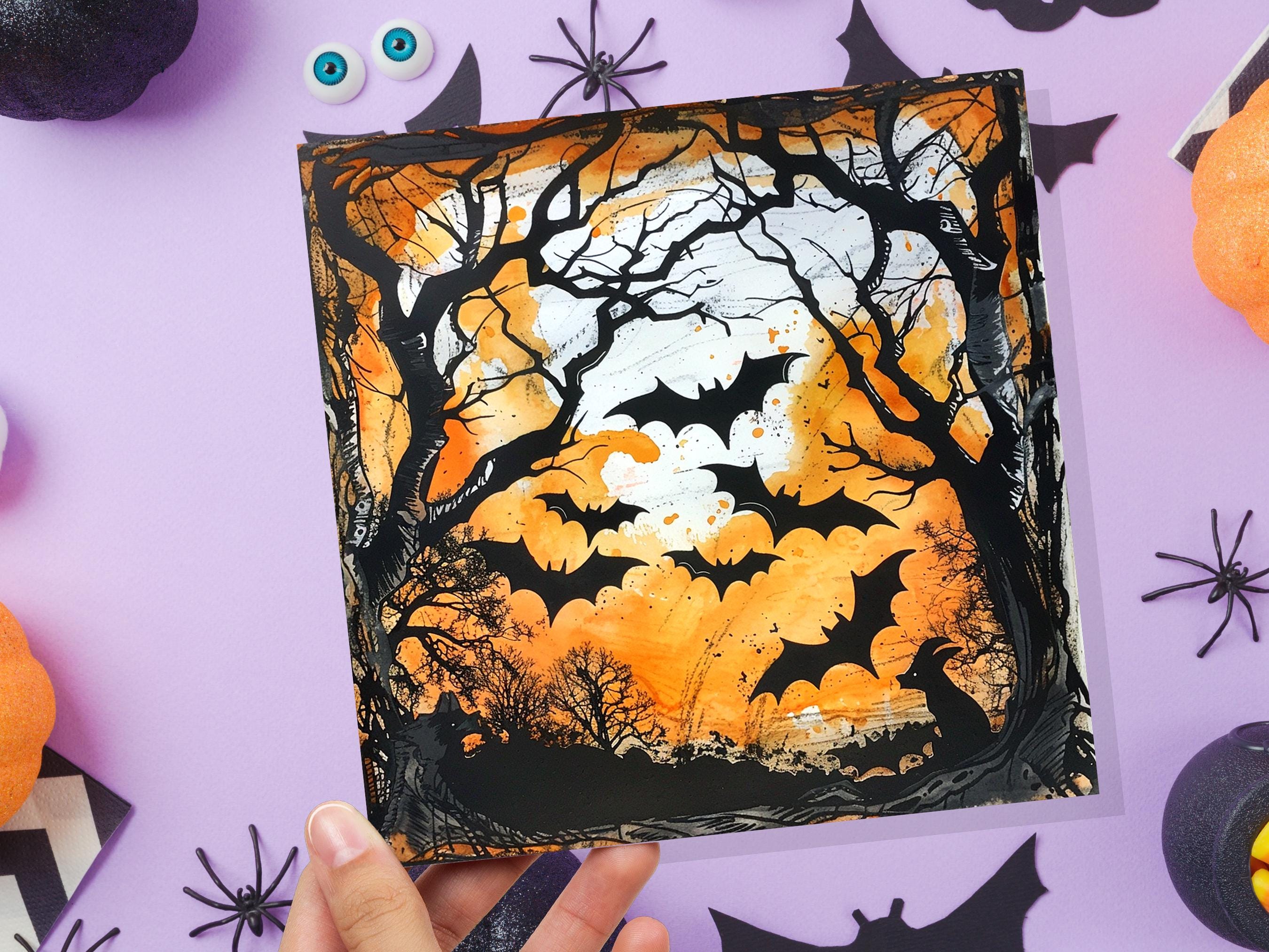 Bats Halloween Card Creepy Flying Vampire Bats in Moonlit Forest Unique Gothic Art for Family Friends Party Invitations Orange & Black Trees