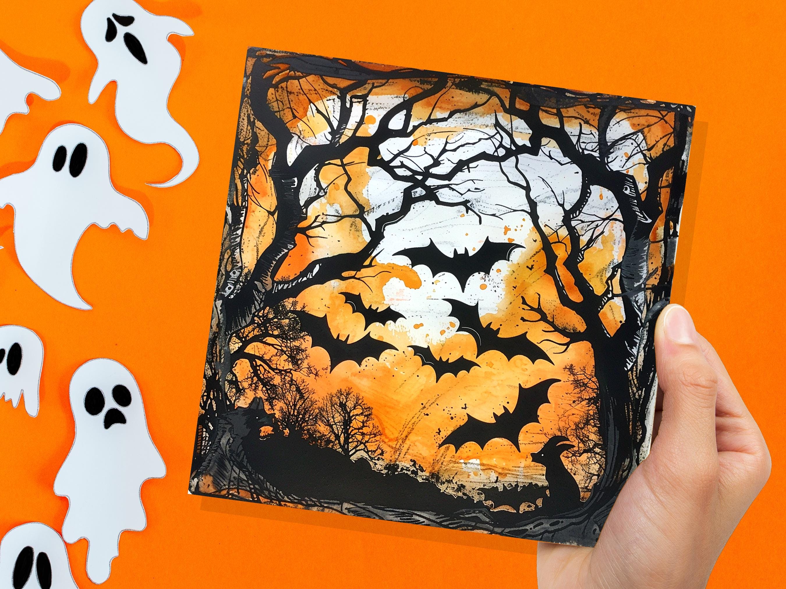 Bats Halloween Card Creepy Flying Vampire Bats in Moonlit Forest Unique Gothic Art for Family Friends Party Invitations Orange & Black Trees - View 2