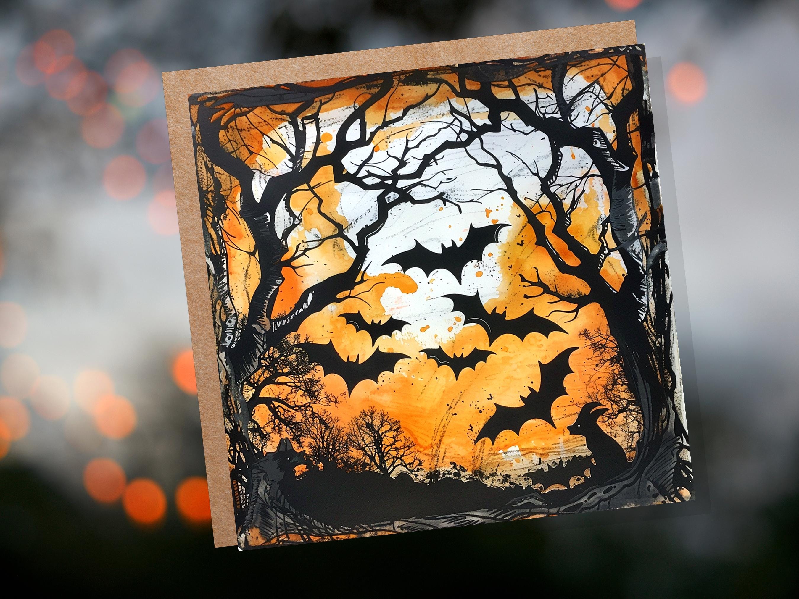 Bats Halloween Card Creepy Flying Vampire Bats in Moonlit Forest Unique Gothic Art for Family Friends Party Invitations Orange & Black Trees - View 3