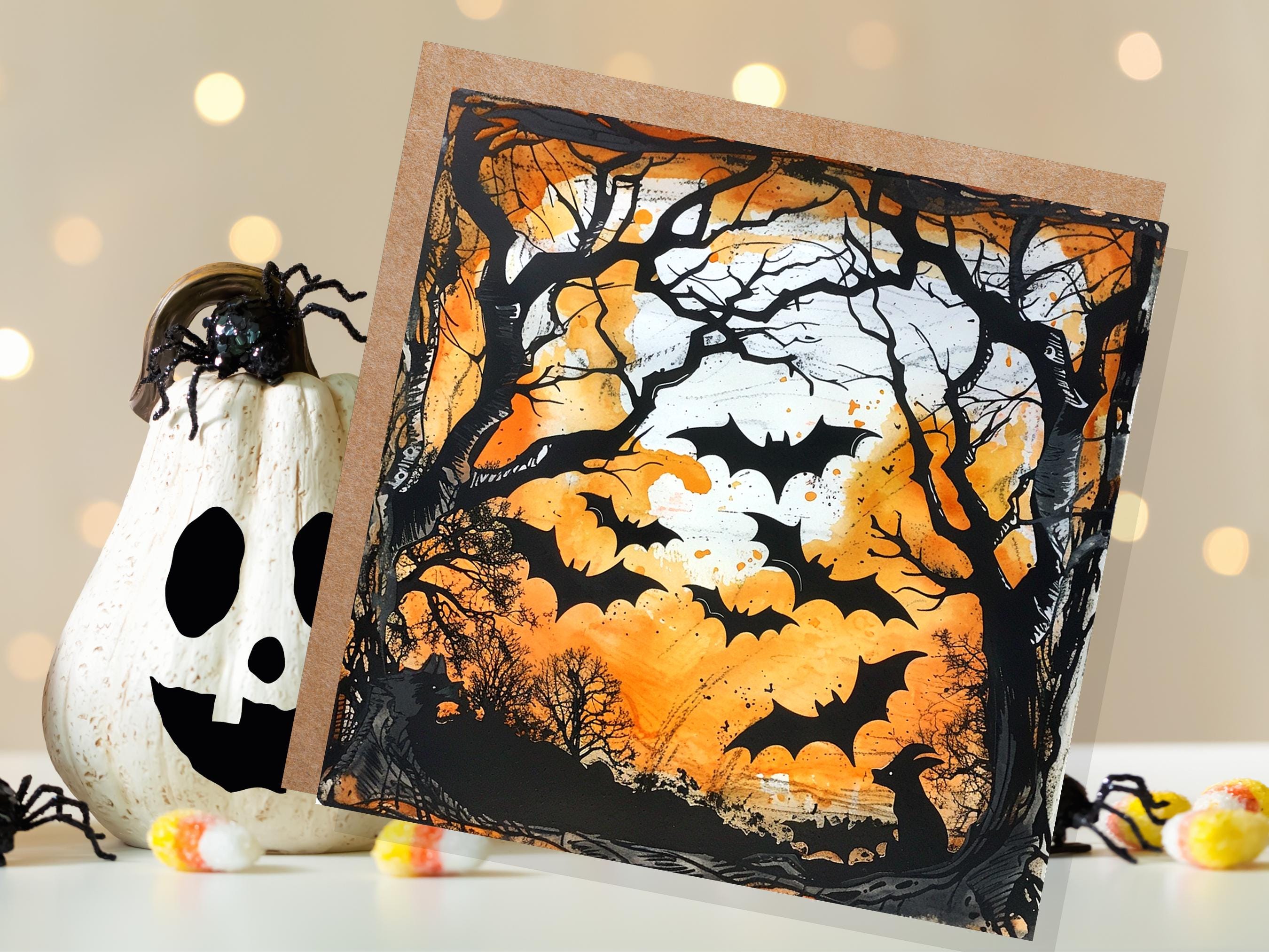 Bats Halloween Card Creepy Flying Vampire Bats in Moonlit Forest Unique Gothic Art for Family Friends Party Invitations Orange & Black Trees - View 4