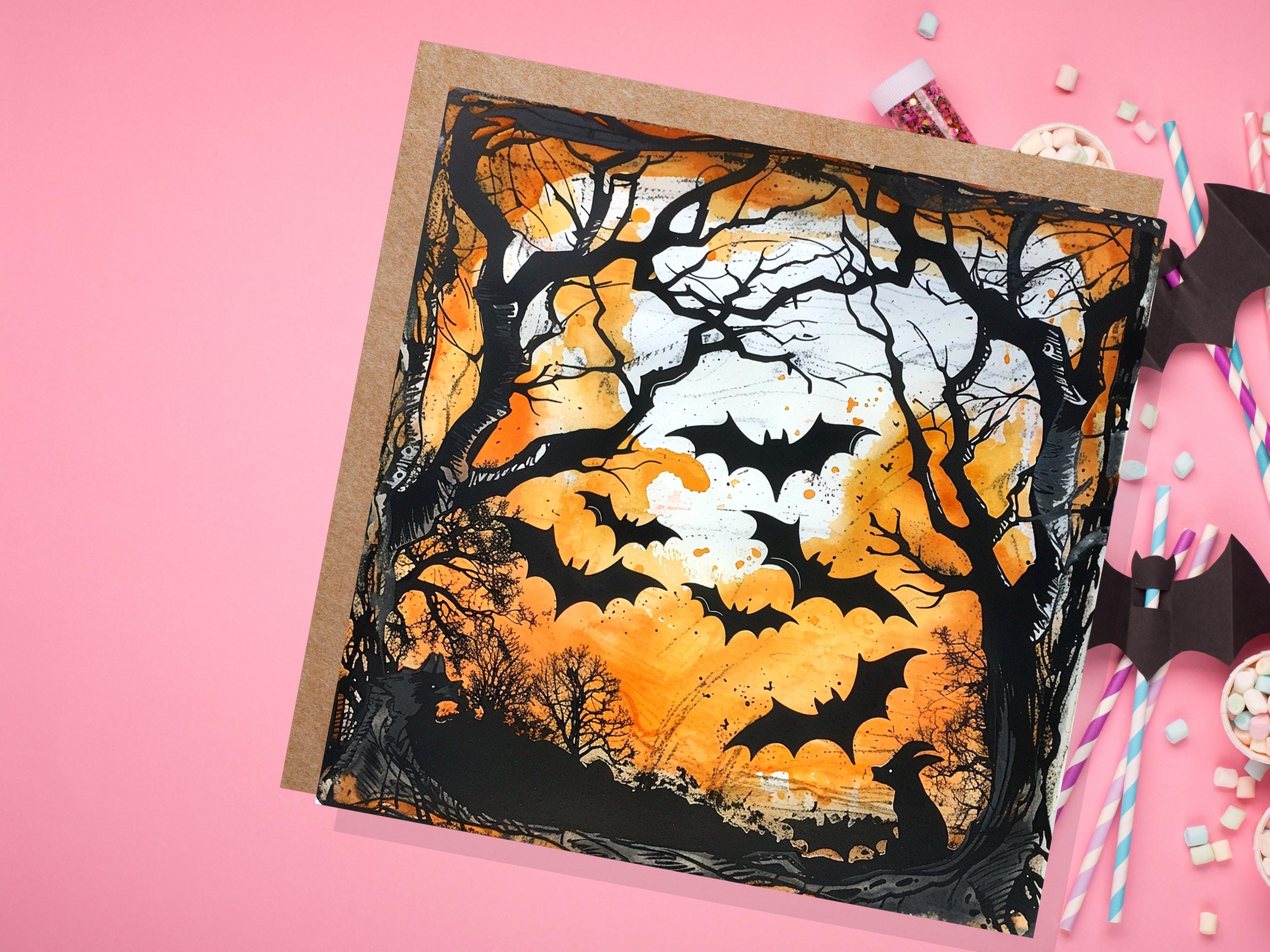 Bats Halloween Card Creepy Flying Vampire Bats in Moonlit Forest Unique Gothic Art for Family Friends Party Invitations Orange & Black Trees - View 5