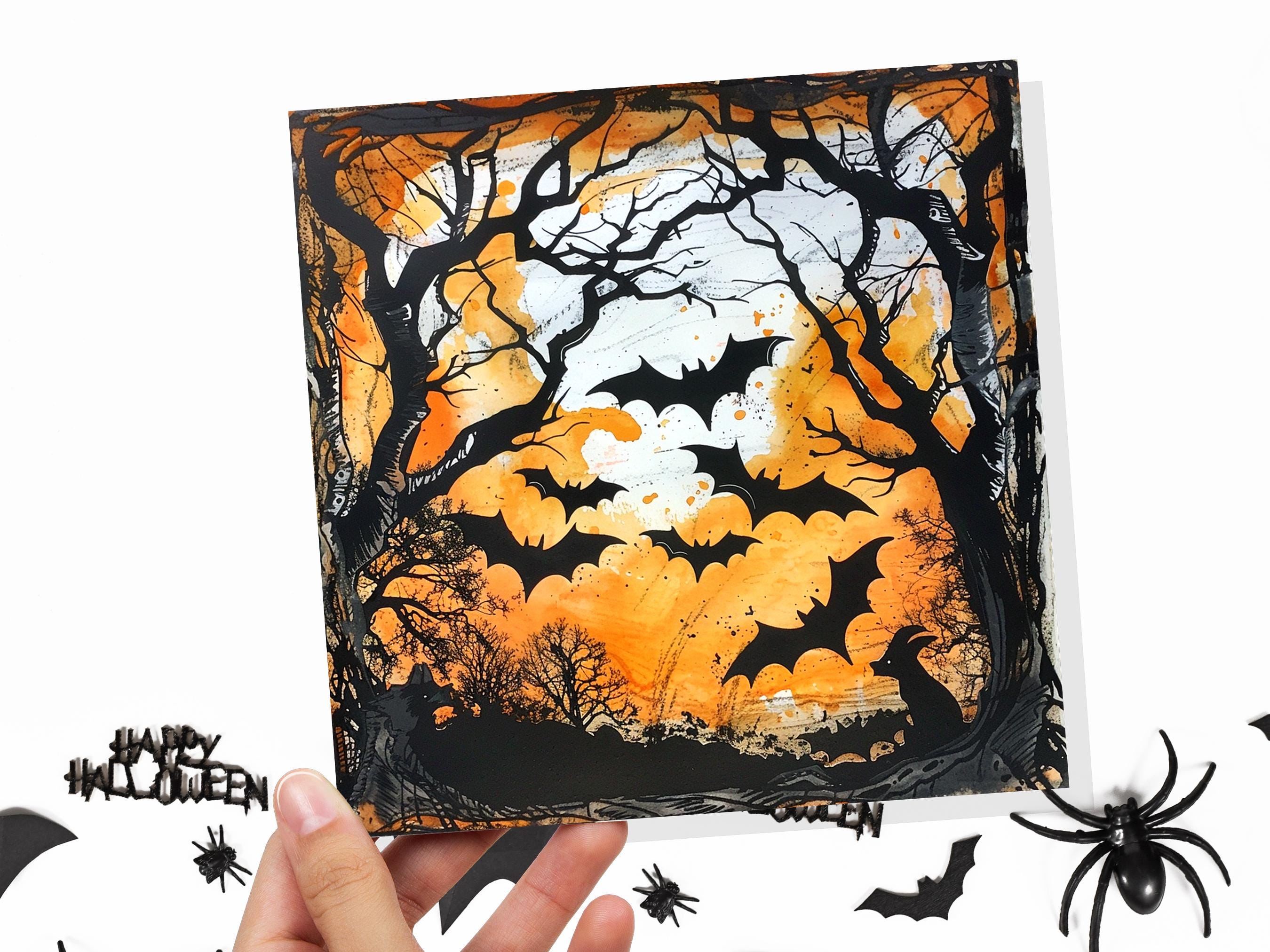 Bats Halloween Card Creepy Flying Vampire Bats in Moonlit Forest Unique Gothic Art for Family Friends Party Invitations Orange & Black Trees - View 6