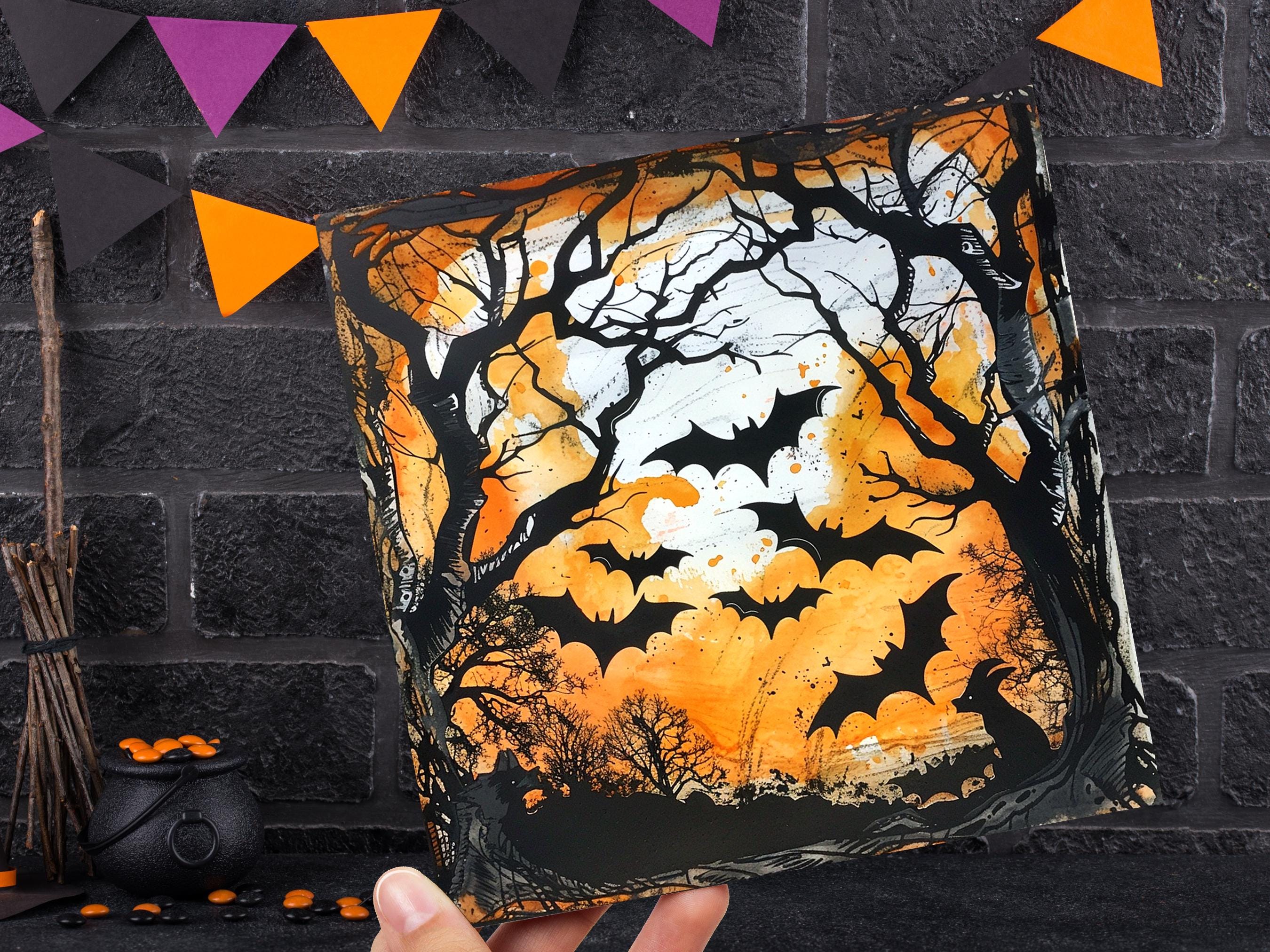 Bats Halloween Card Creepy Flying Vampire Bats in Moonlit Forest Unique Gothic Art for Family Friends Party Invitations Orange & Black Trees - View 7