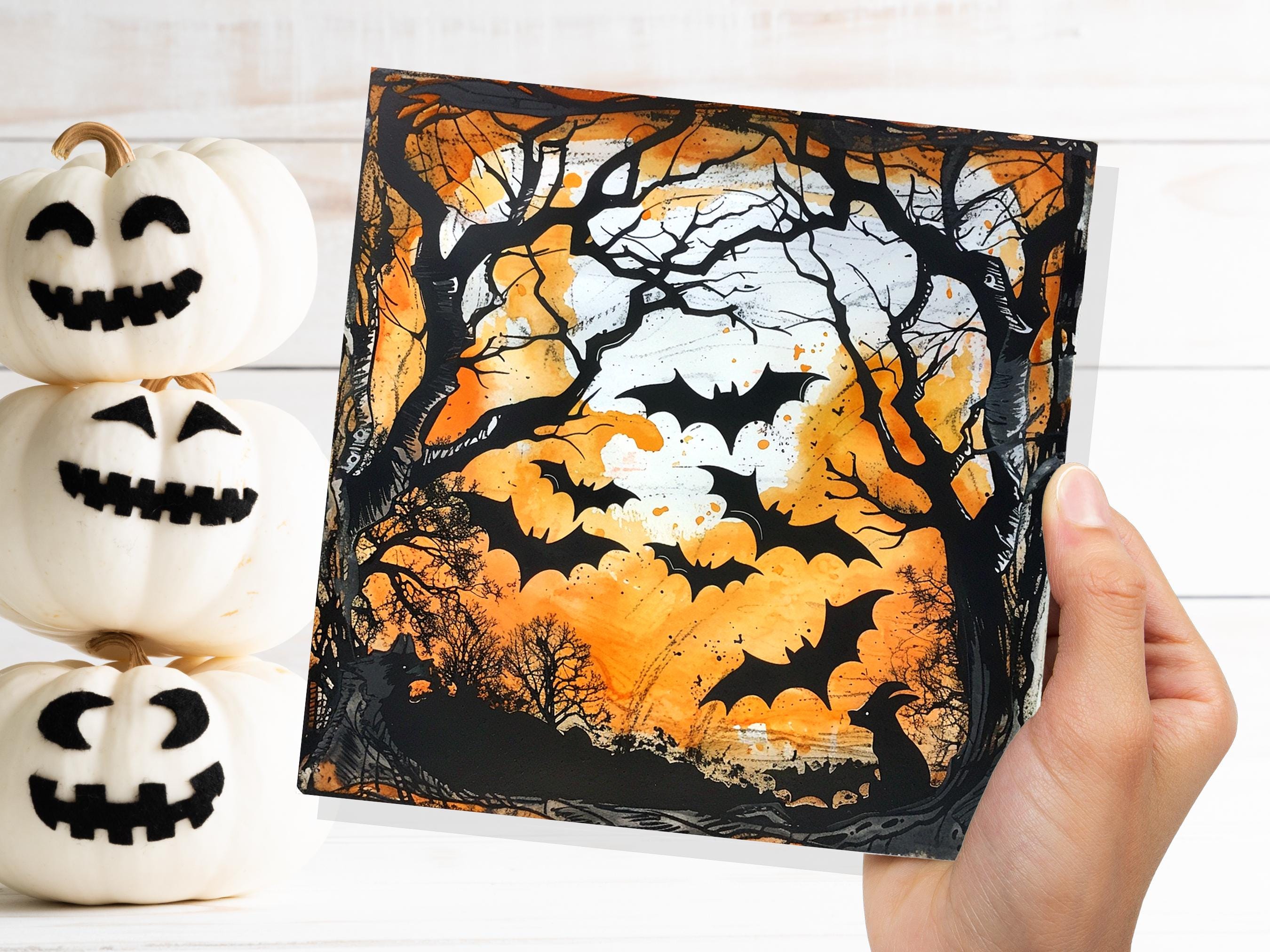 Bats Halloween Card Creepy Flying Vampire Bats in Moonlit Forest Unique Gothic Art for Family Friends Party Invitations Orange & Black Trees - View 8