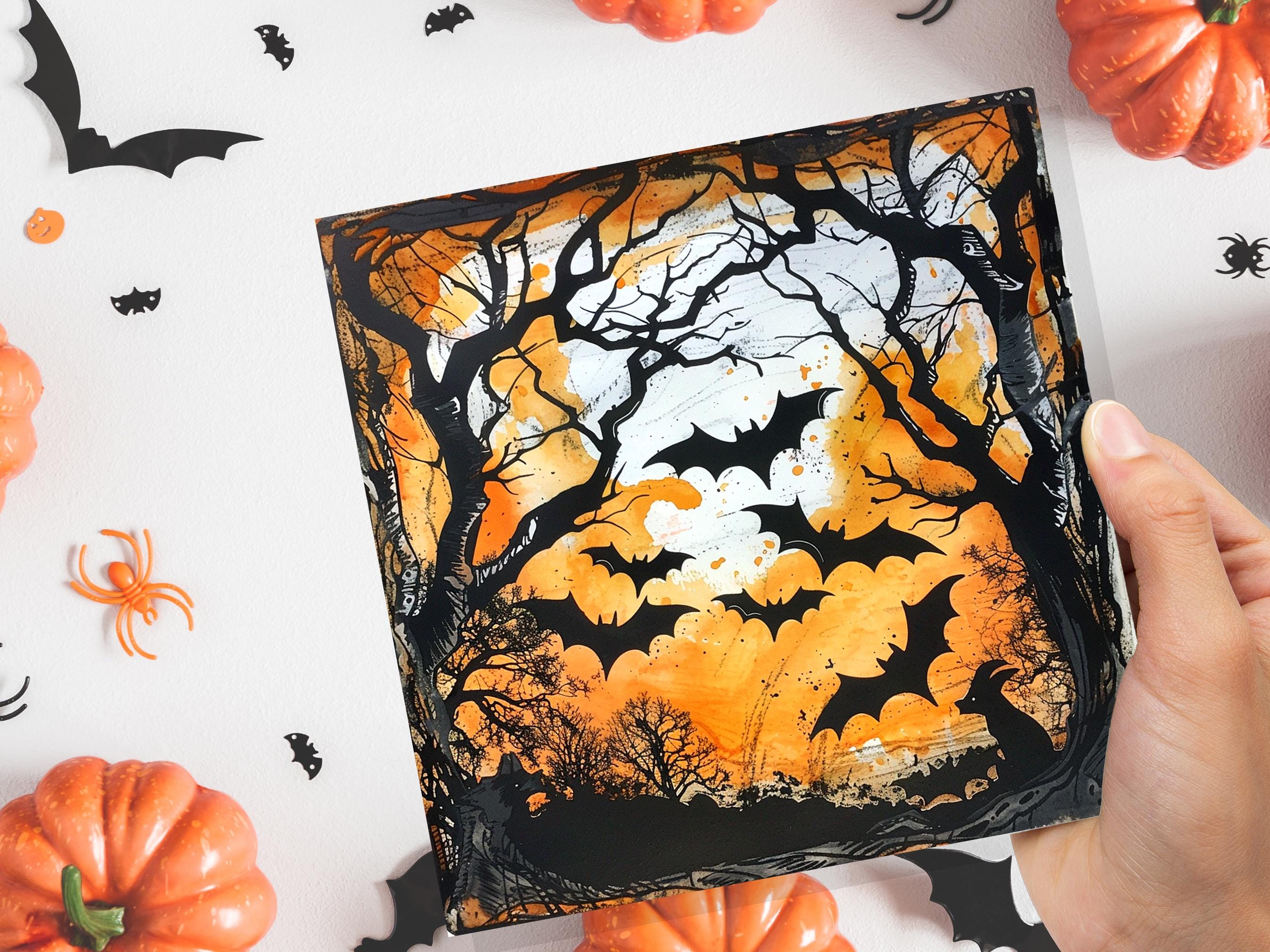 Bats Halloween Card Creepy Flying Vampire Bats in Moonlit Forest Unique Gothic Art for Family Friends Party Invitations Orange & Black Trees - View 9