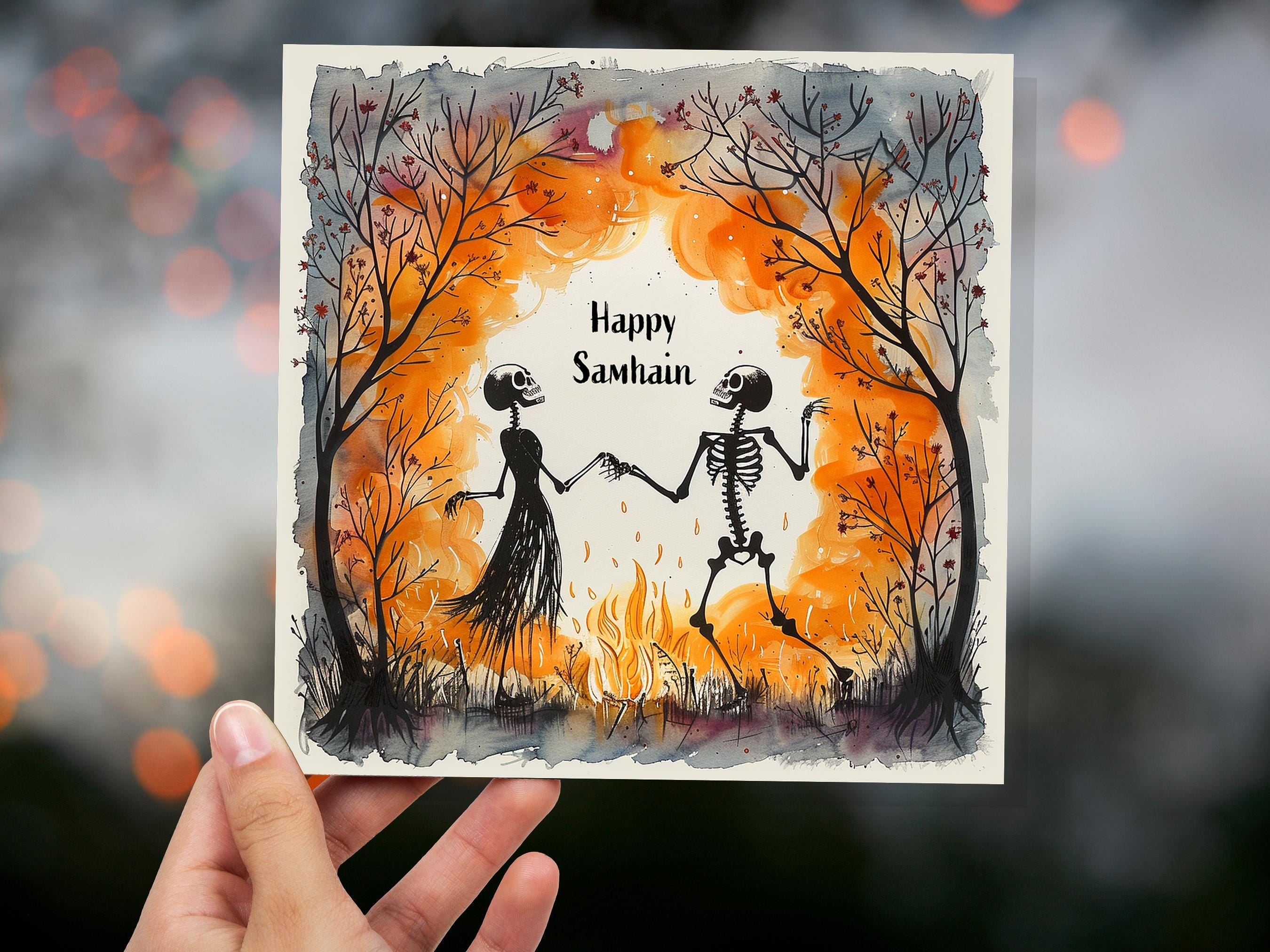 Happy Samhain Card Skeleton Couple Dancing by Bonfire Autumn Trees Unique Pagan Alternate Halloween Greeting Cards for Family Friends Party