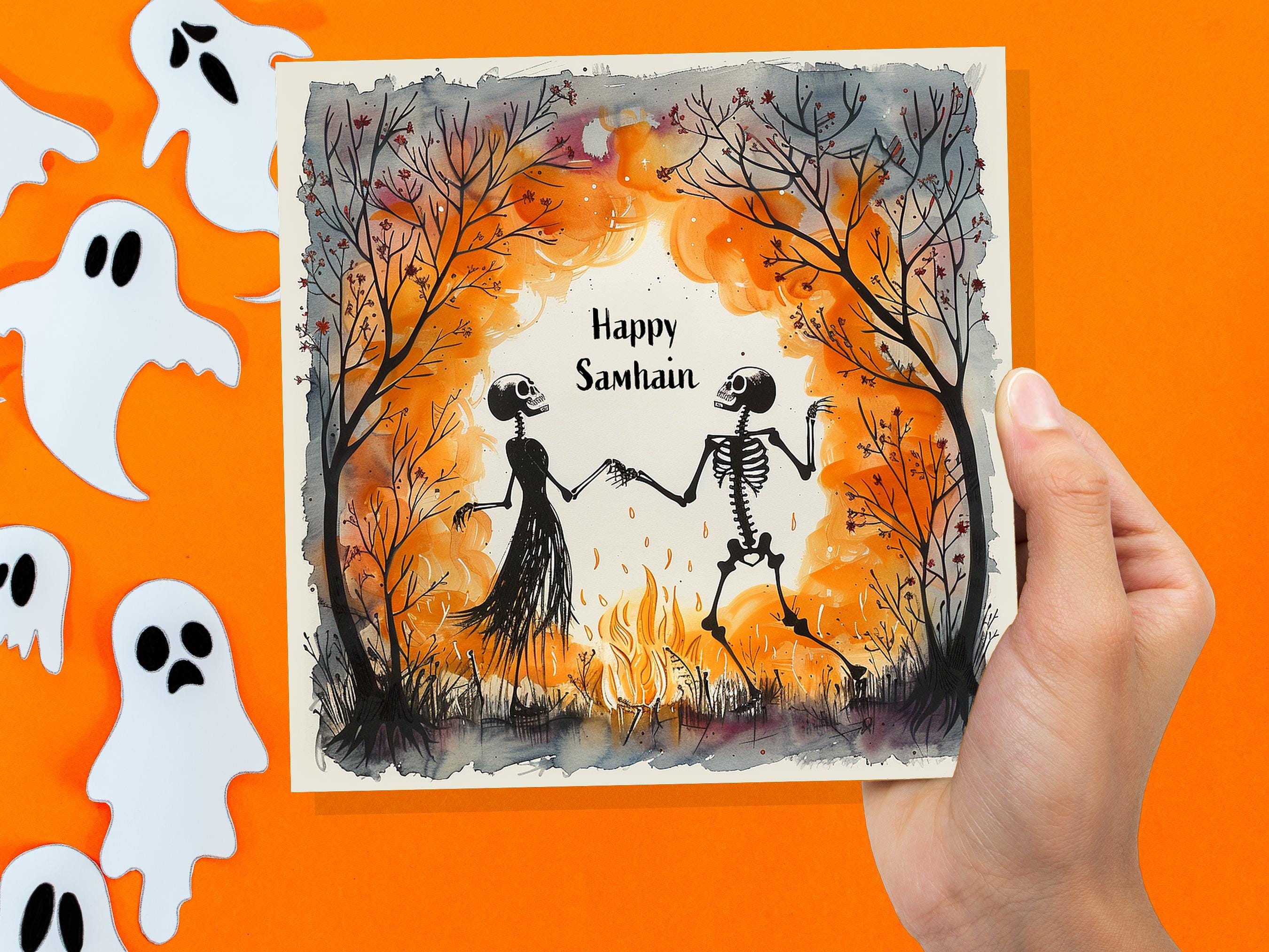 Happy Samhain Card Skeleton Couple Dancing by Bonfire Autumn Trees Unique Pagan Alternate Halloween Greeting Cards for Family Friends Party - View 2