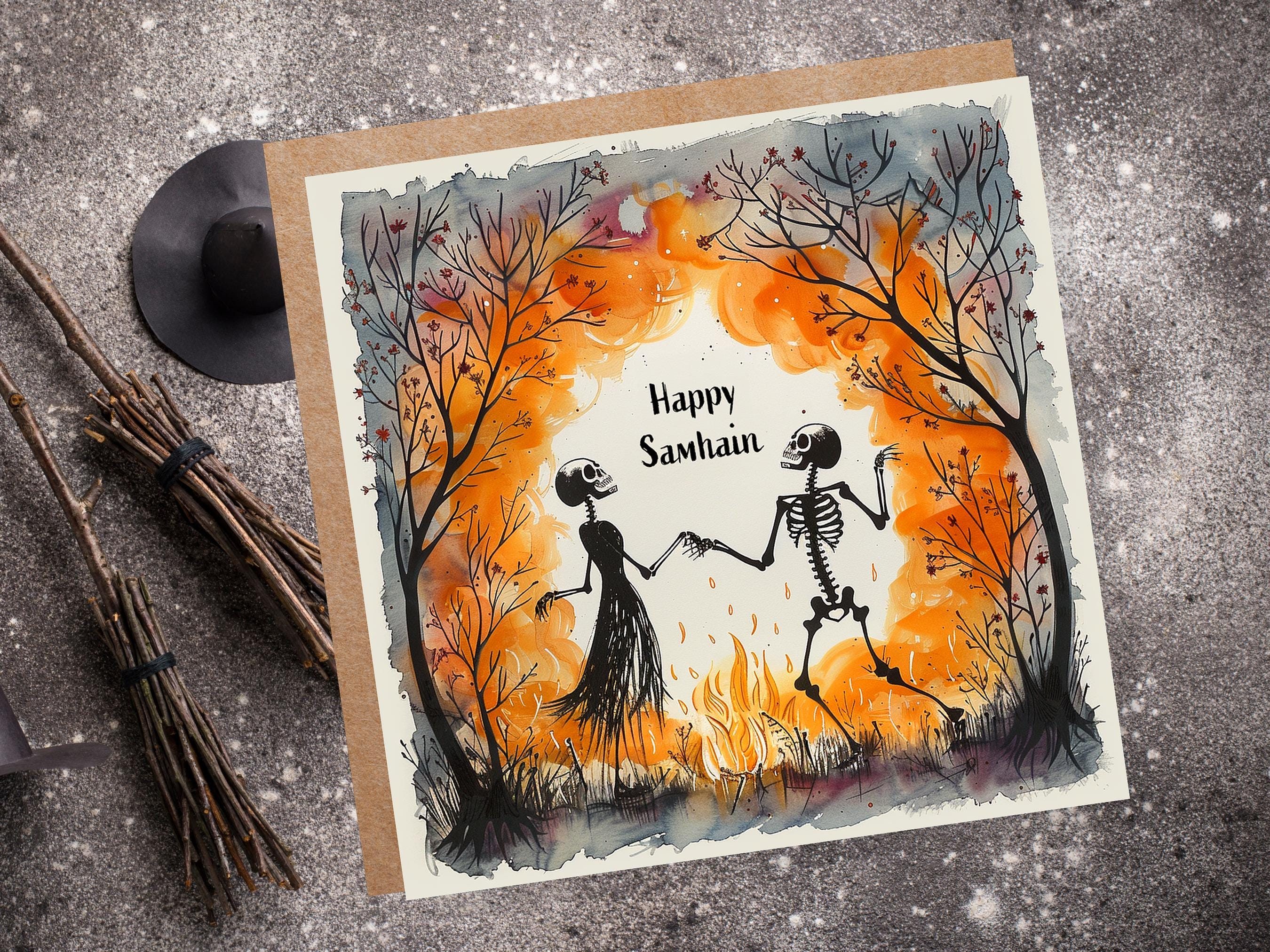 Happy Samhain Card Skeleton Couple Dancing by Bonfire Autumn Trees Unique Pagan Alternate Halloween Greeting Cards for Family Friends Party - View 3