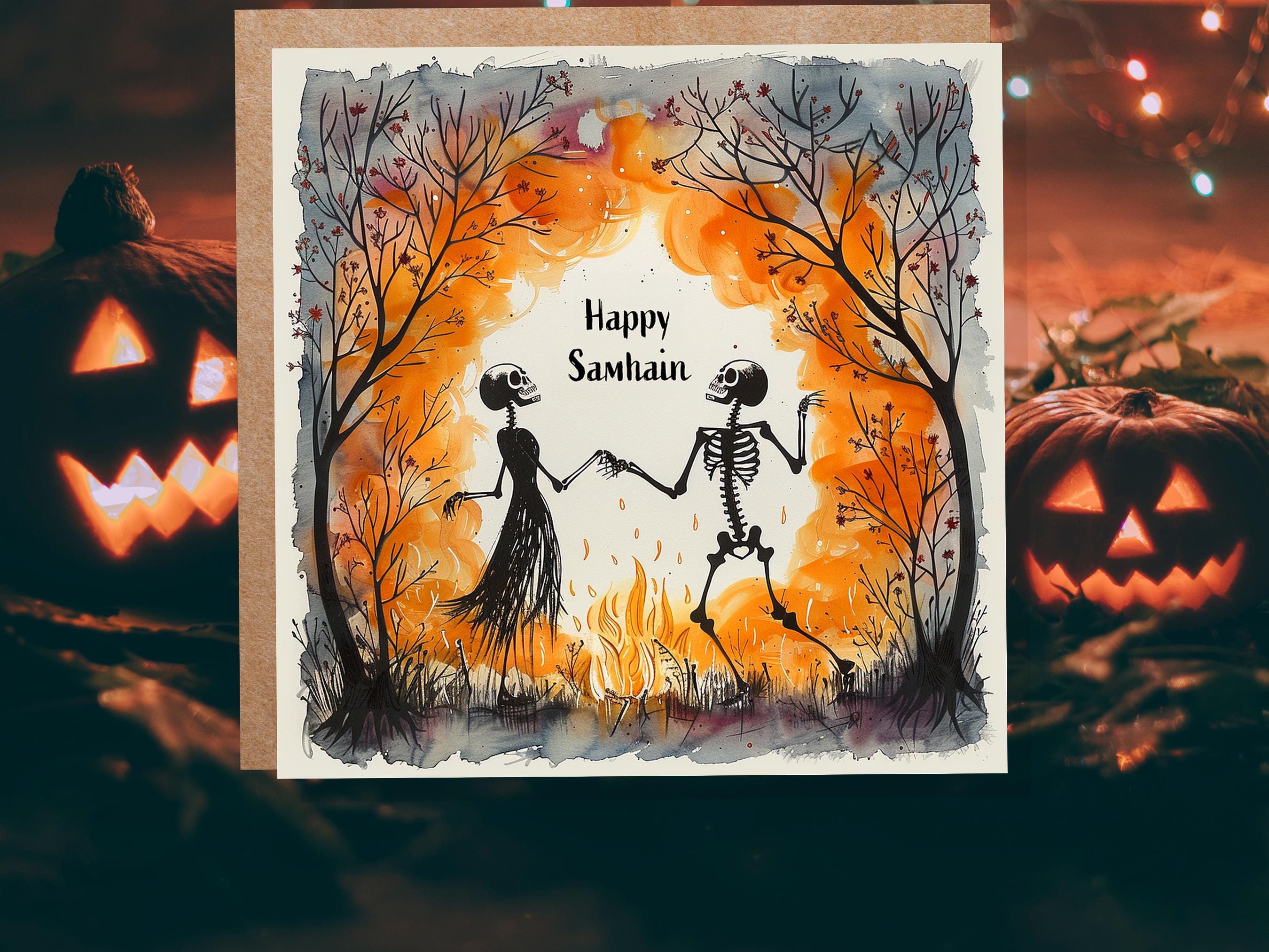 Happy Samhain Card Skeleton Couple Dancing by Bonfire Autumn Trees Unique Pagan Alternate Halloween Greeting Cards for Family Friends Party - View 4